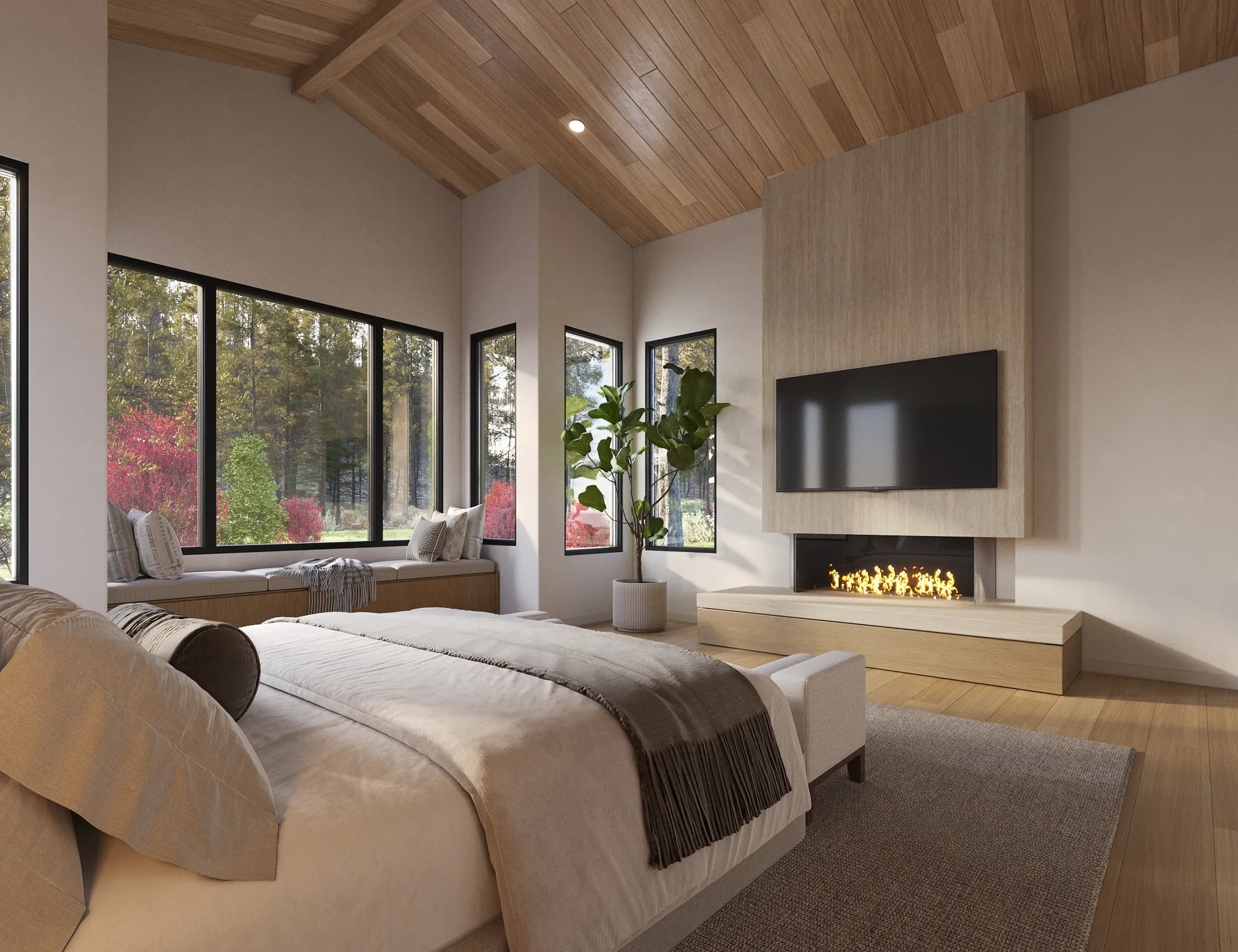 3D interior rendering of the Pine Cone Road primary bedroom, with a wood-slat vaulted ceiling, a linear gas fireplace below a wall-mounted television, a window-seat bench under corner windows framing the autumn forest, and a low platform bed