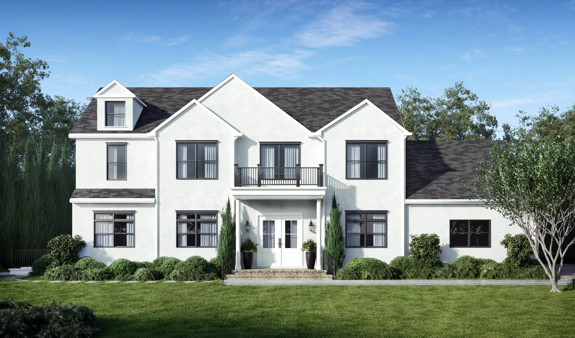 Daytime 3D rendering of the front elevation of 14 White Plains Road, a two-and-a-half-story white stucco home in Bronxville, New York, with a dark shingled roof, a double-height columned entry with a balcony above, and manicured foundation planting.