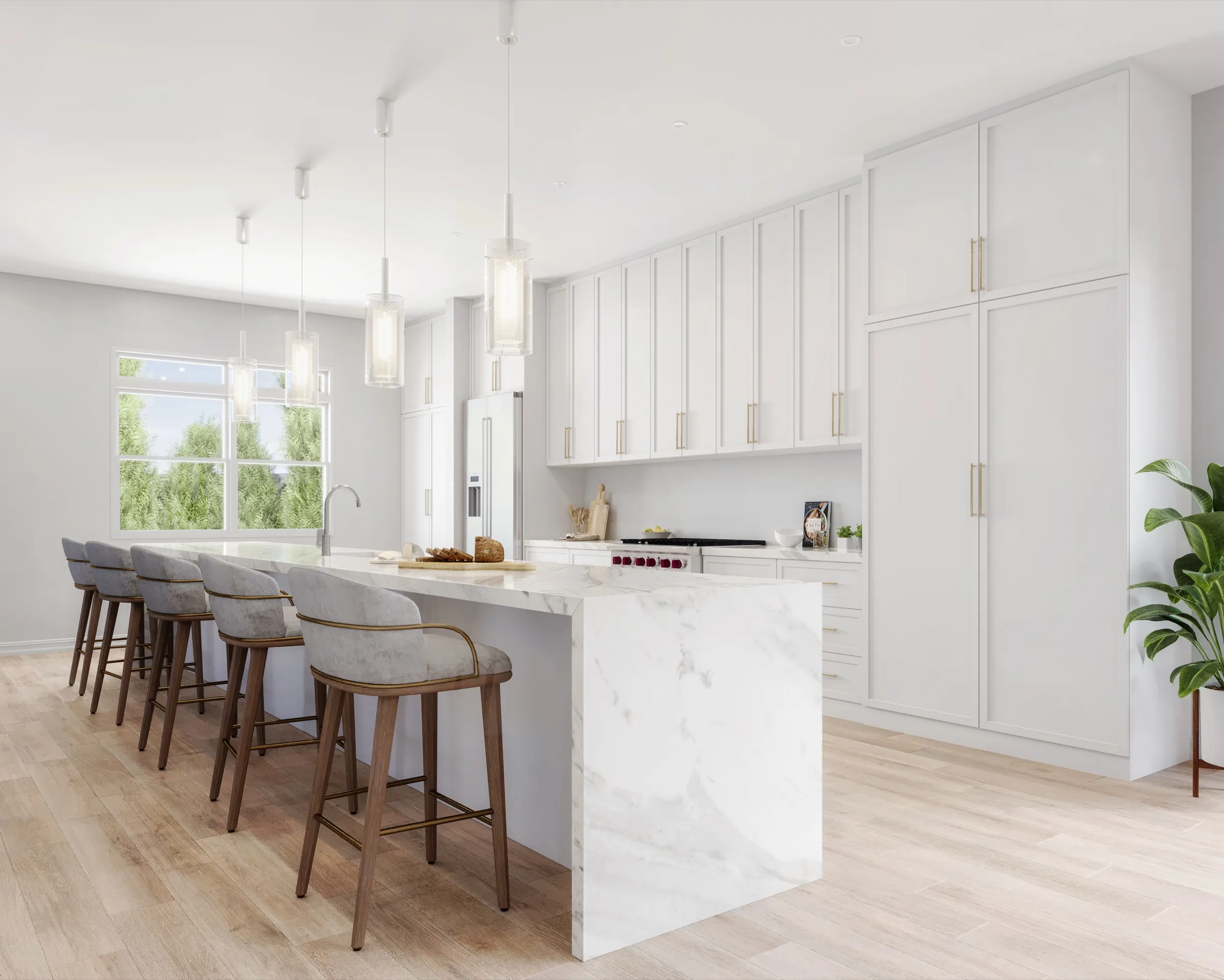 3D rendering of a white kitchen at 14 White Plains Road with a long marble waterfall island and bar stools, white shaker cabinetry to the ceiling with brass hardware, and light wood floors.