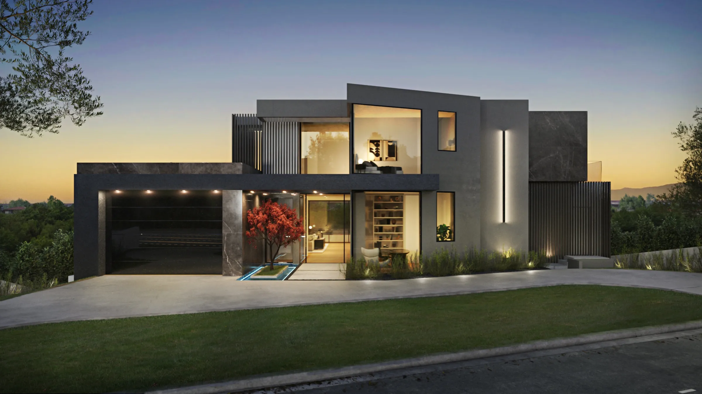 Luxury spec home exterior at twilight, 3D rendering, Pacific Palisades