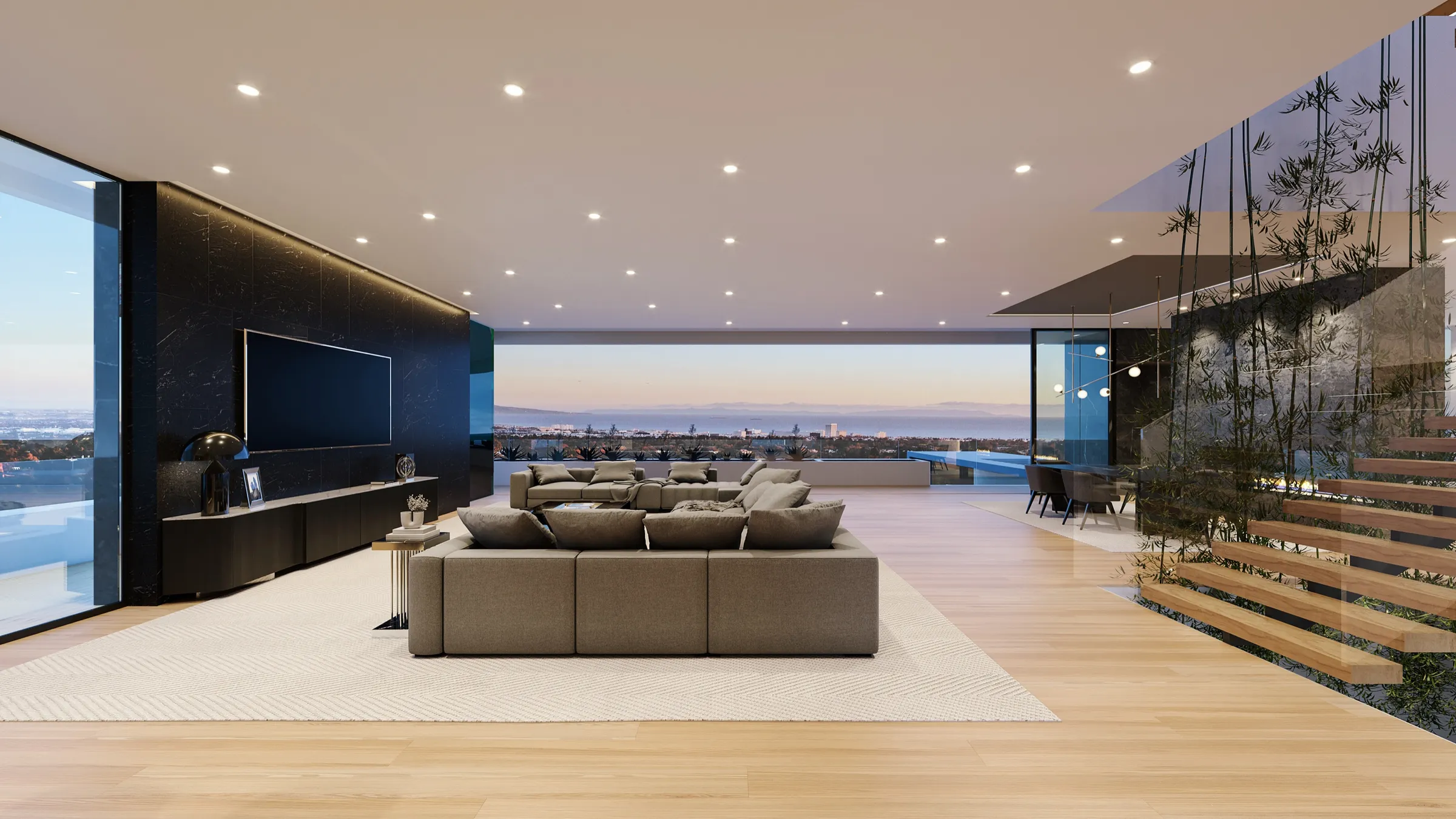 3D rendering of the great room at 1660 Casale Road looking toward a full wall of glass with a panoramic Los Angeles city view, a dark stone media wall, a sectional sofa, and a floating wood staircase.