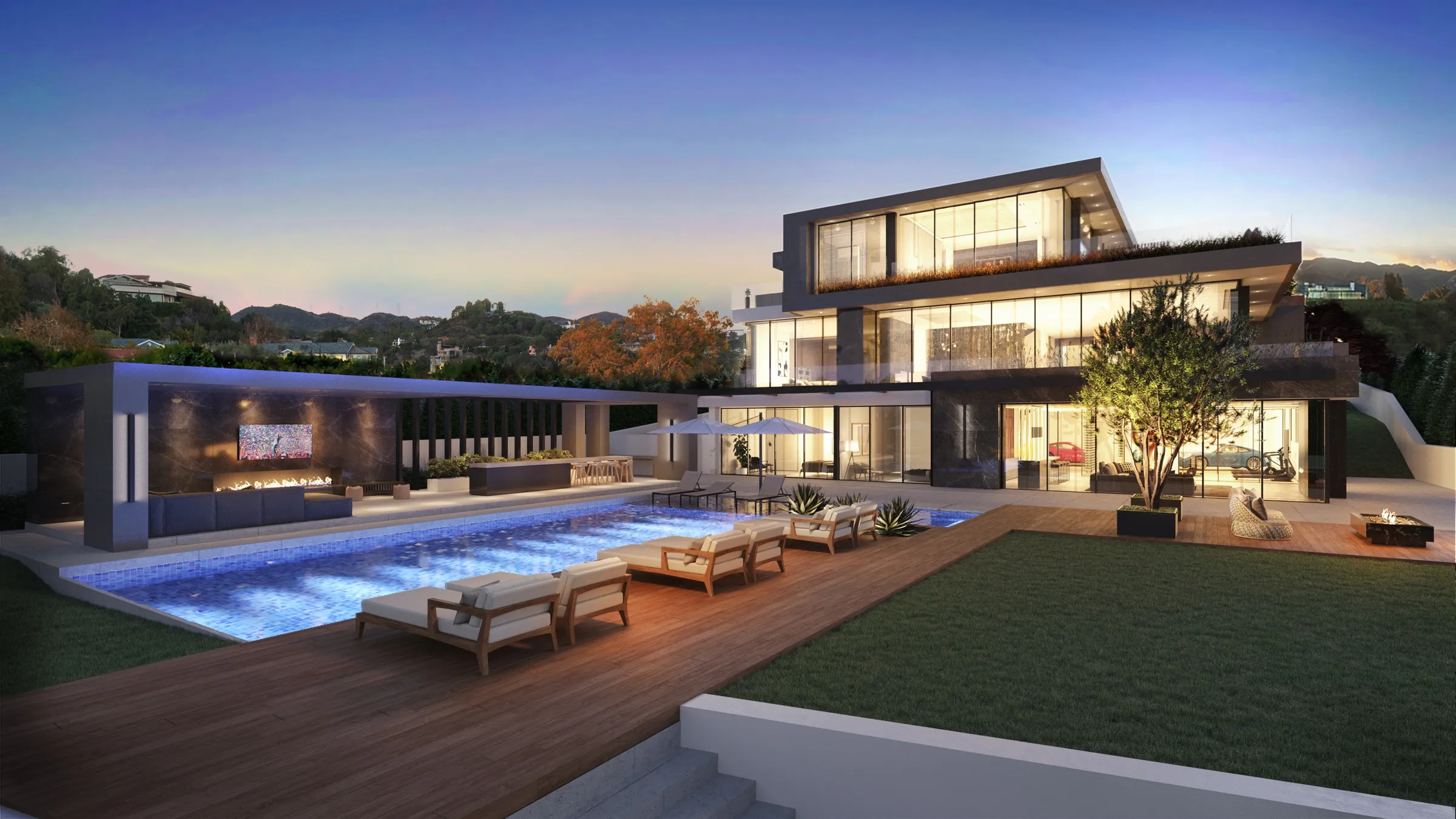Dusk 3D rendering of the rear of 1660 Casale Road, with an infinity-edge pool, sun loungers, an outdoor lounge with a fireplace and media wall, a wood deck, a lawn, a fire pit, and hillside views beyond.