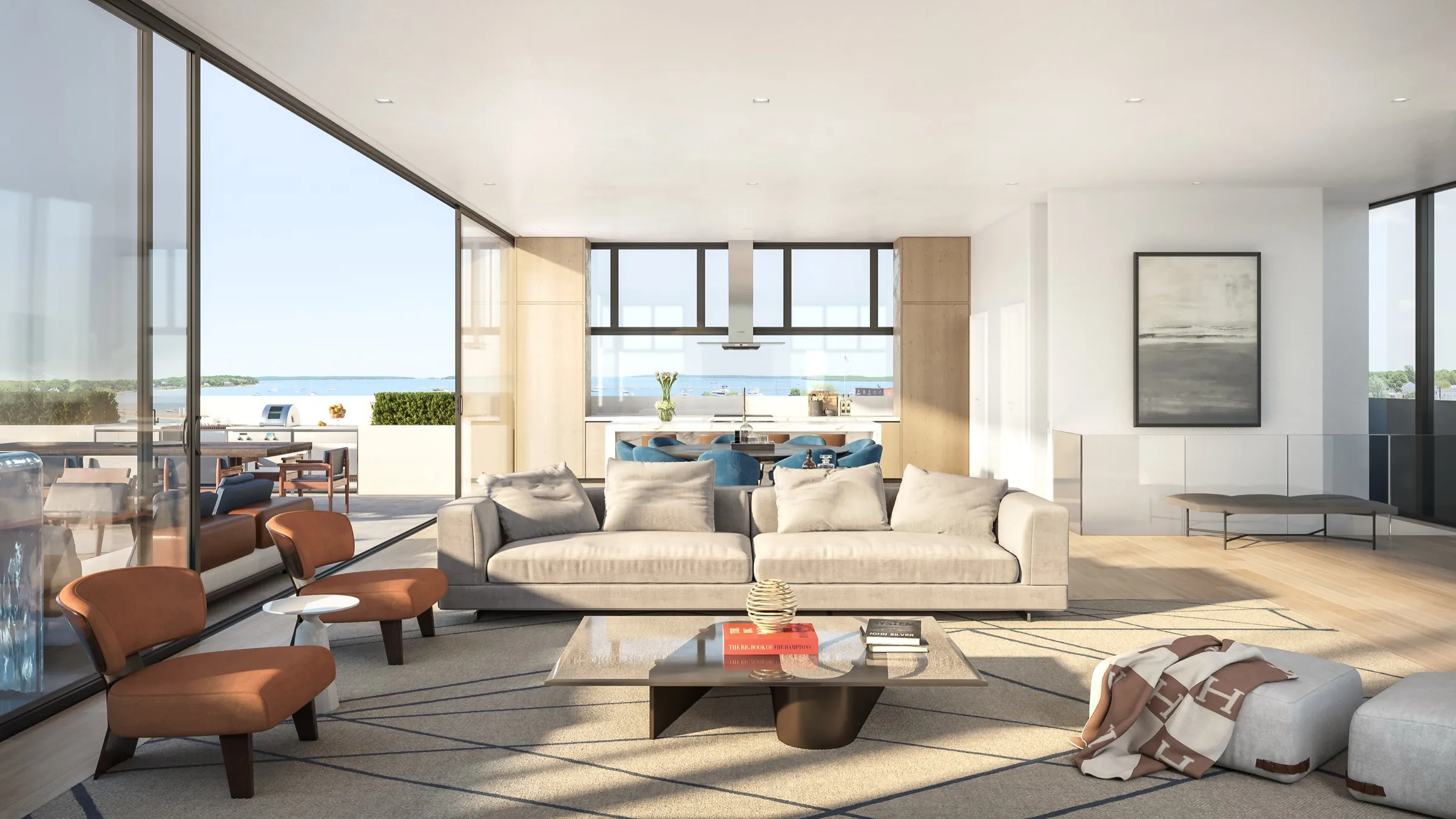 Luxury interior 3D rendering of a modern kitchen and dining space at Sankari Place, Dubai, featuring a green marble island, bespoke cabinetry, and lifestyle-focused residential design.
