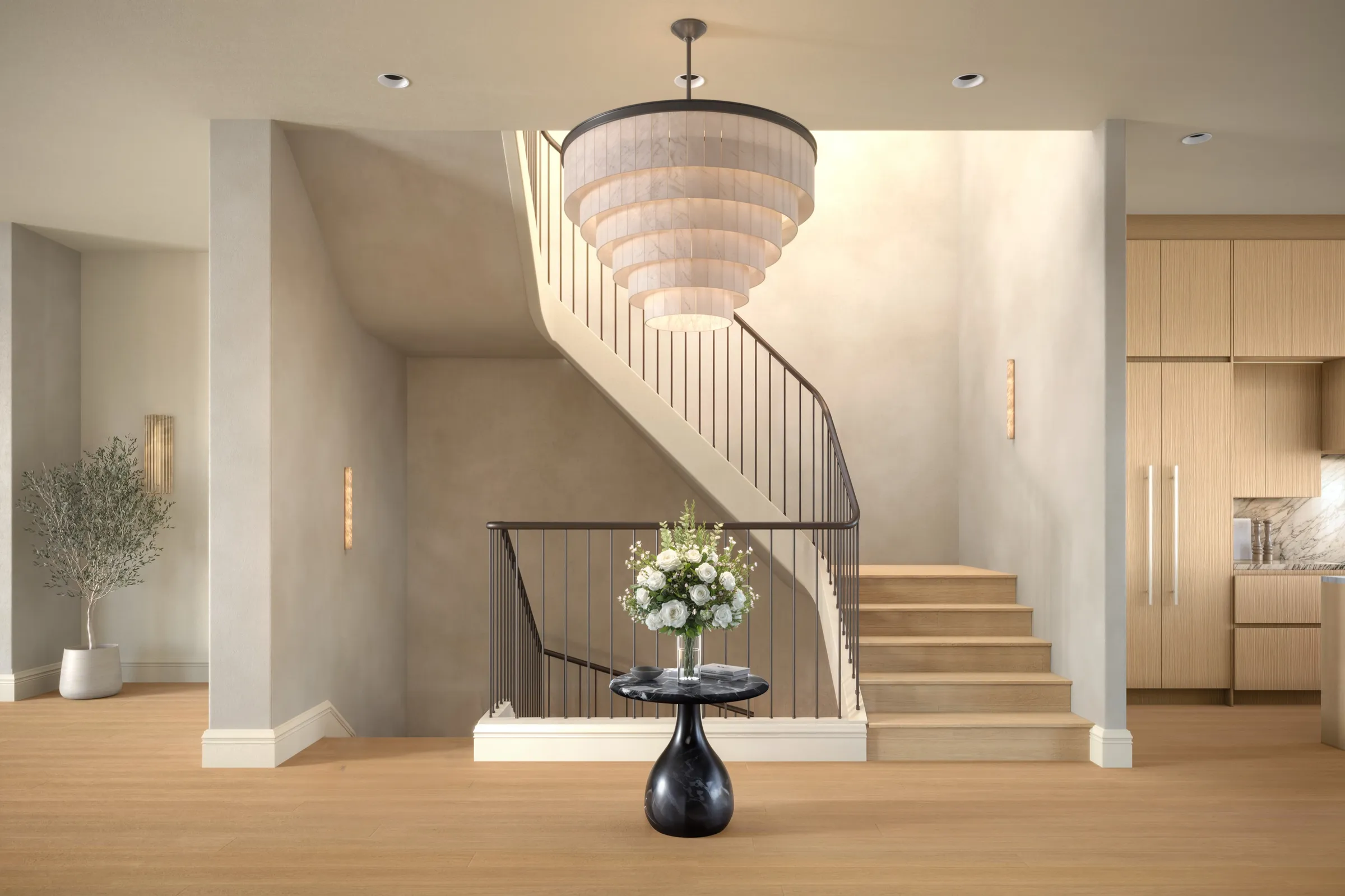 A photorealistic 3D architectural rendering by NoTriangle Studio of the entry foyer and staircase at 3740 Sacramento Street in San Francisco, with a sculptural curved staircase, a tiered drum chandelier, smooth plaster walls, oak floors, and a black pedestal table with white flowers.
