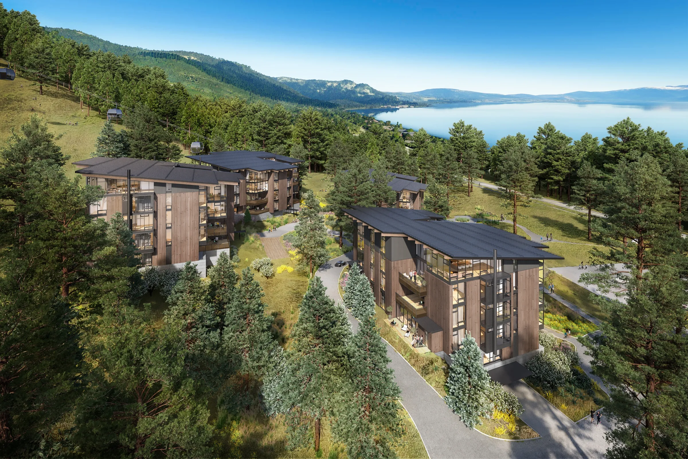 Aerial 3D rendering of the North Base residences at Homewood Mountain Resort, a cluster of mountain-modern wood-and-glass buildings nestled in forest above Lake Tahoe.