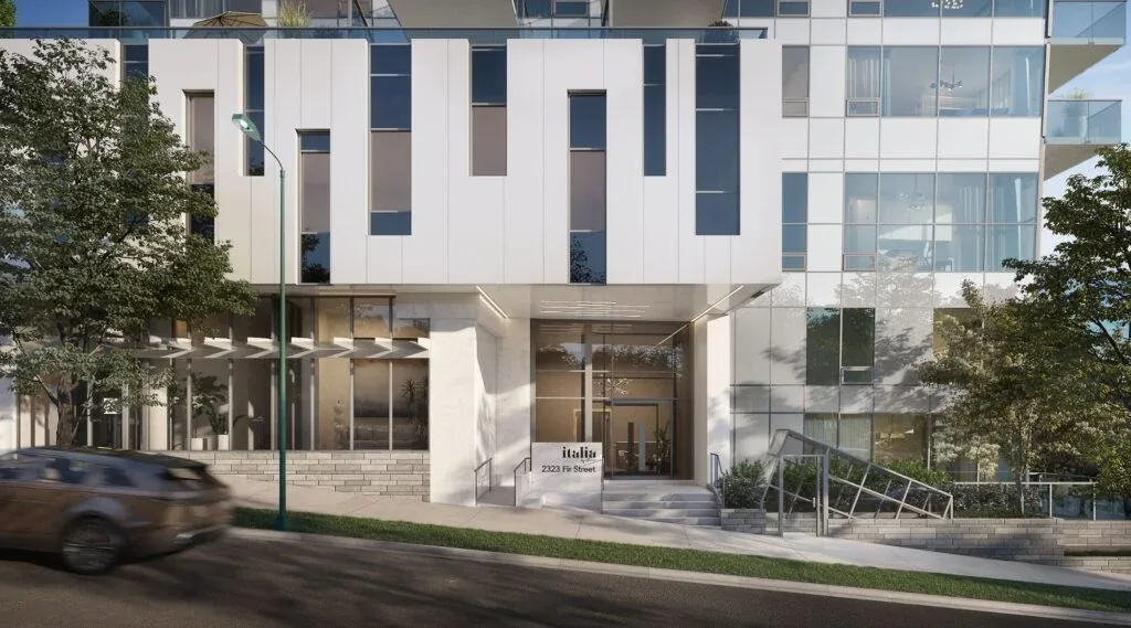 3D exterior rendering of the Italia development by Solterra in Vancouver, built from the developer's CAD and Revit files.