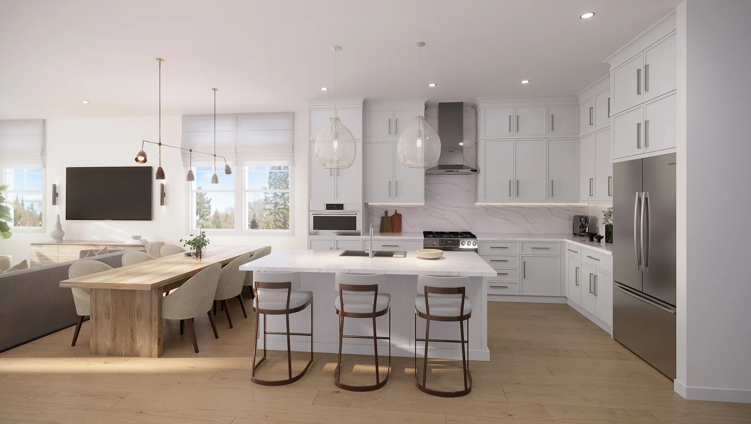 3D rendering of an open-plan Unit C kitchen and dining area at 600 Hartz Avenue in Danville, with white shaker cabinetry, a marble-topped island with bar stools, and a wood dining table.