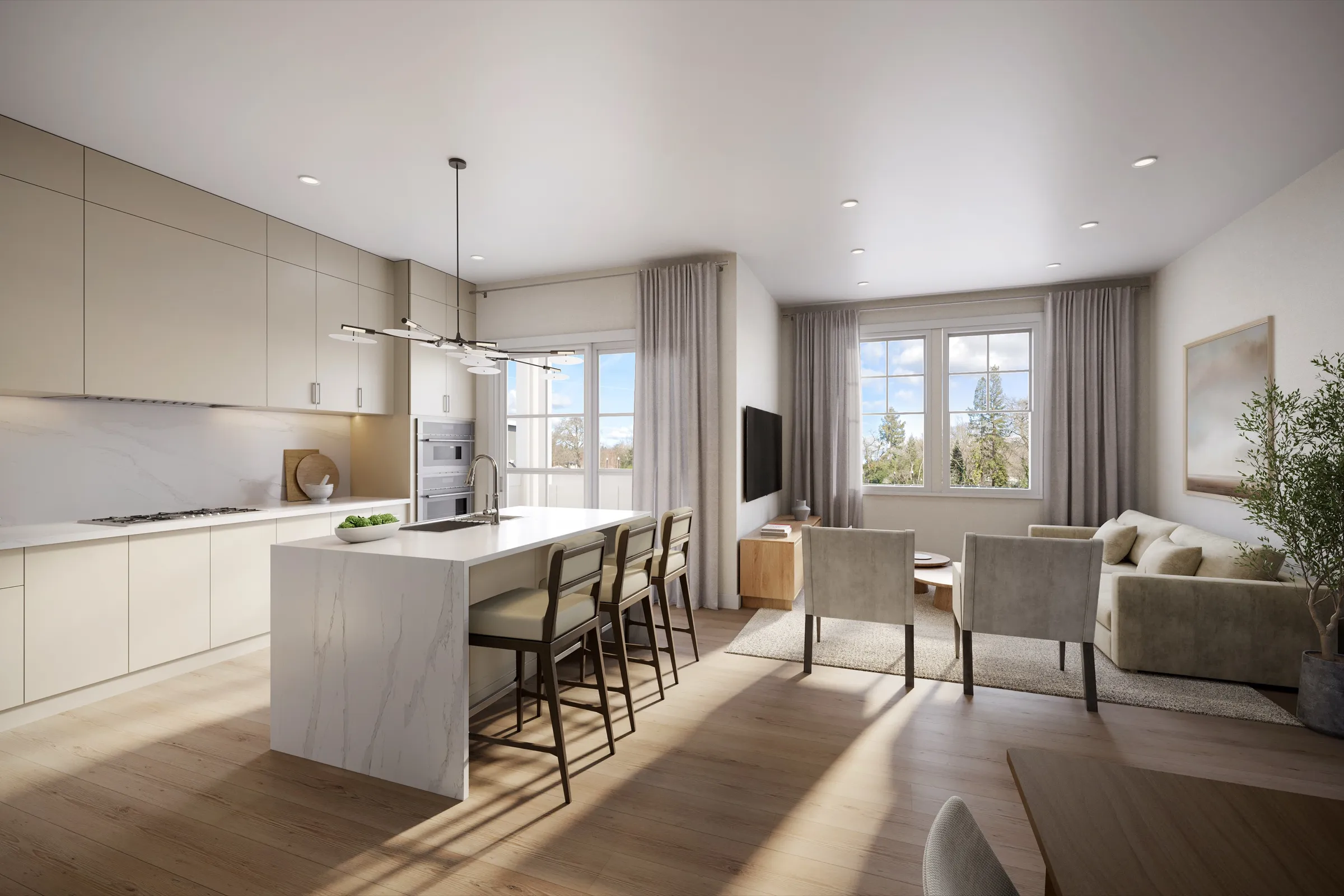 3D rendering of a Unit J1 open-plan kitchen and living room at 600 Hartz Avenue in Danville, with a marble island, dining seating, and a sofa lounge beside large windows.