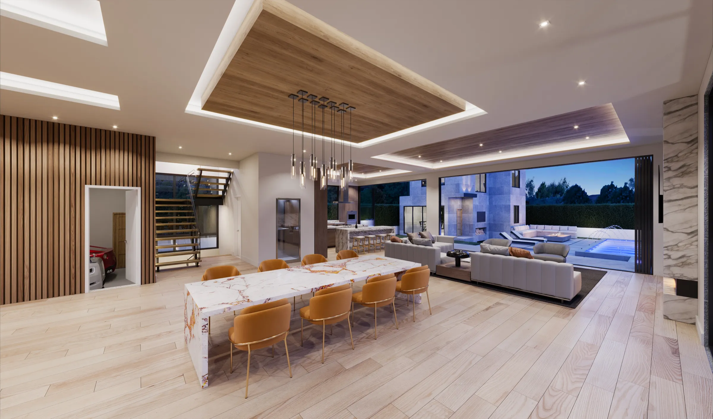 Interior living and dining room 3D rendering for a property listing, Santa Monica