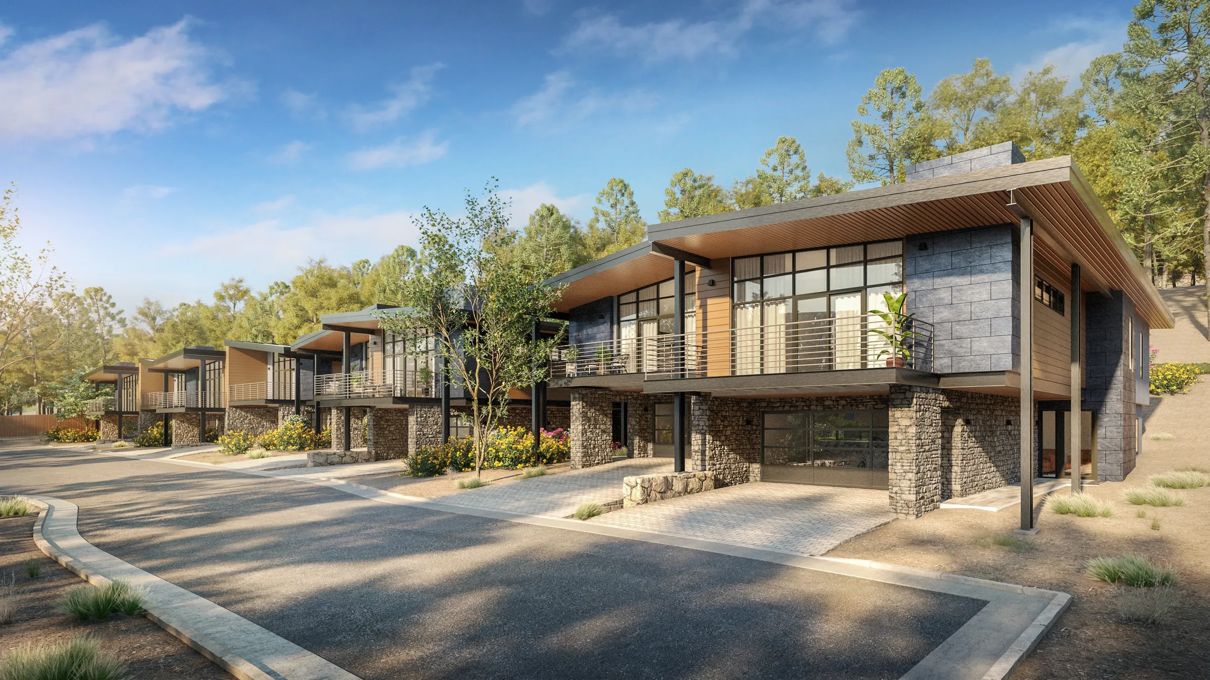3D exterior rendering of Alpine View Estates, 6731 North Lake Blvd, Tahoe Vista