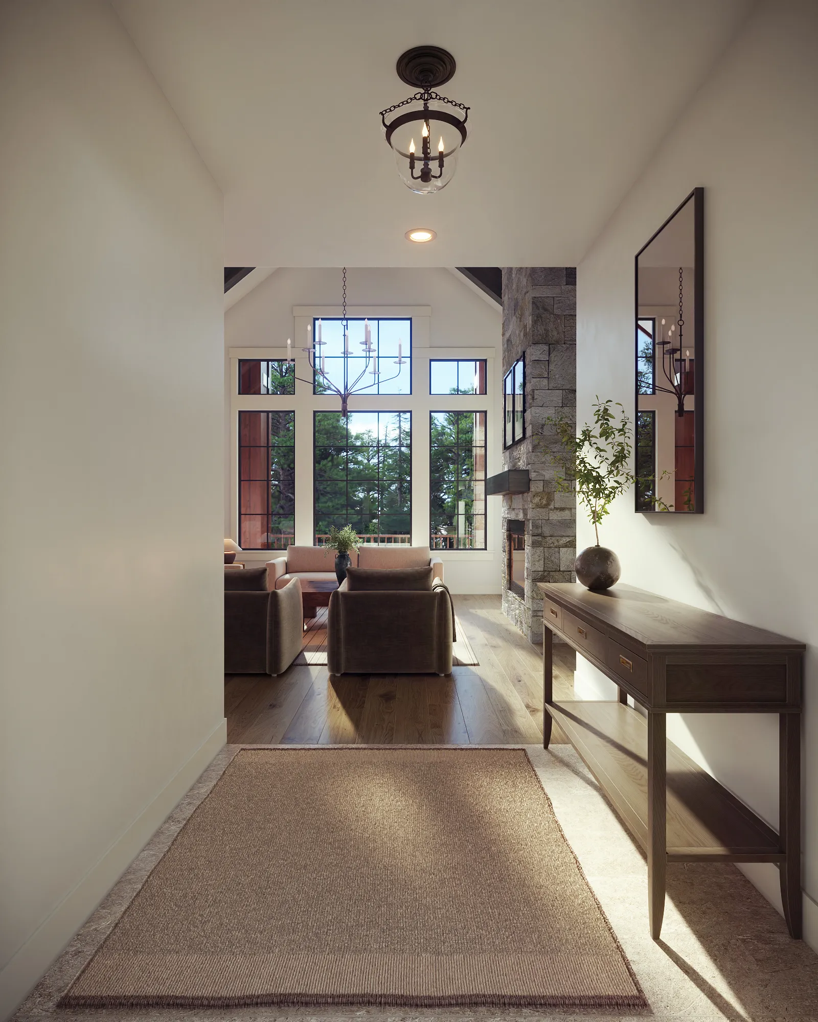 Photorealistic 3D rendering of the entry hall of the Haystack model by Alturas Homes, with a lantern pendant, a console table, and a view through to the great room's stone fireplace and tall windows.
