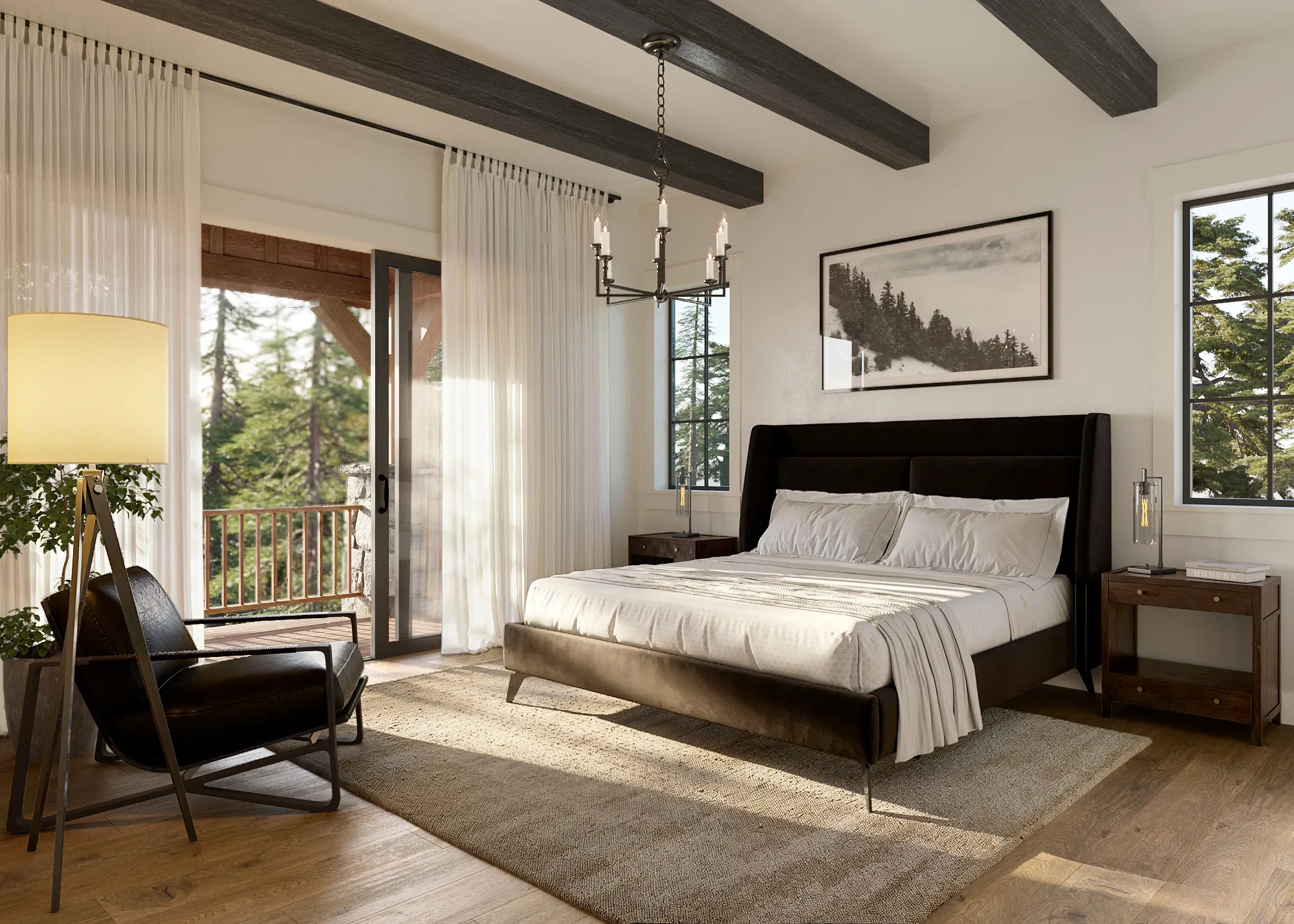 Photorealistic 3D rendering of the primary bedroom of the Haystack model by Alturas Homes, with exposed ceiling beams, an upholstered bed, sheer-curtained doors to a balcony, and a leather lounge chair.