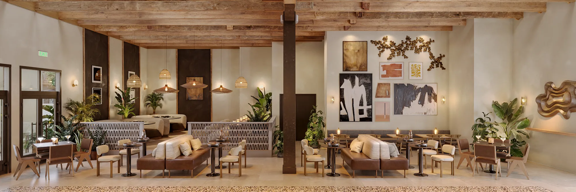 Wide 3D rendering of the American Bites main dining room in San Francisco, with leather banquettes, woven pendant lamps, a curated gallery wall, terracotta booth dividers, and an exposed timber ceiling.
