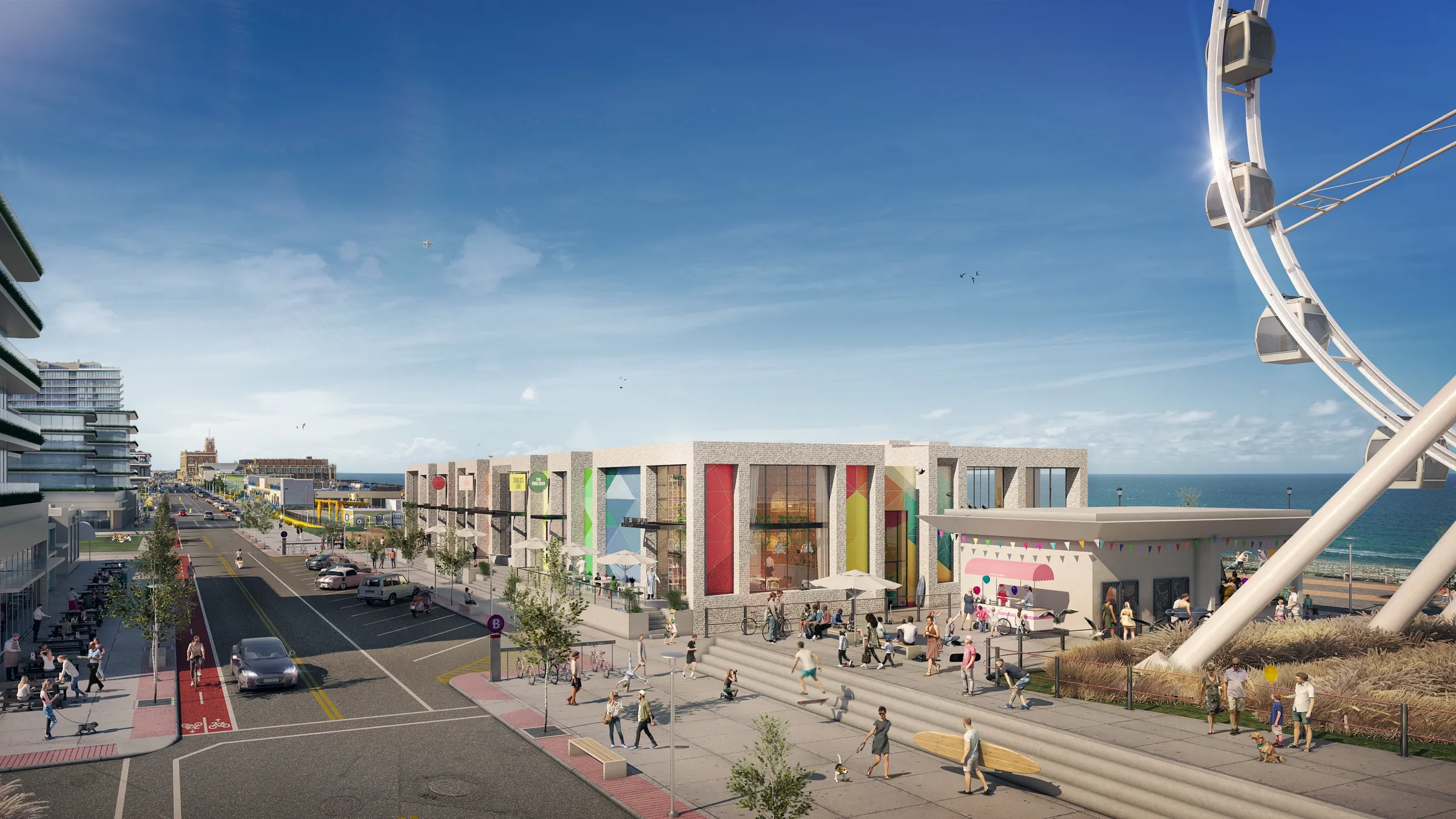 Elevated daytime 3D rendering of the Asbury Park pavilion row along the boardwalk, masonry volumes with colorful mural panels, people on the promenade, the ocean to the right and the Ferris wheel beyond.