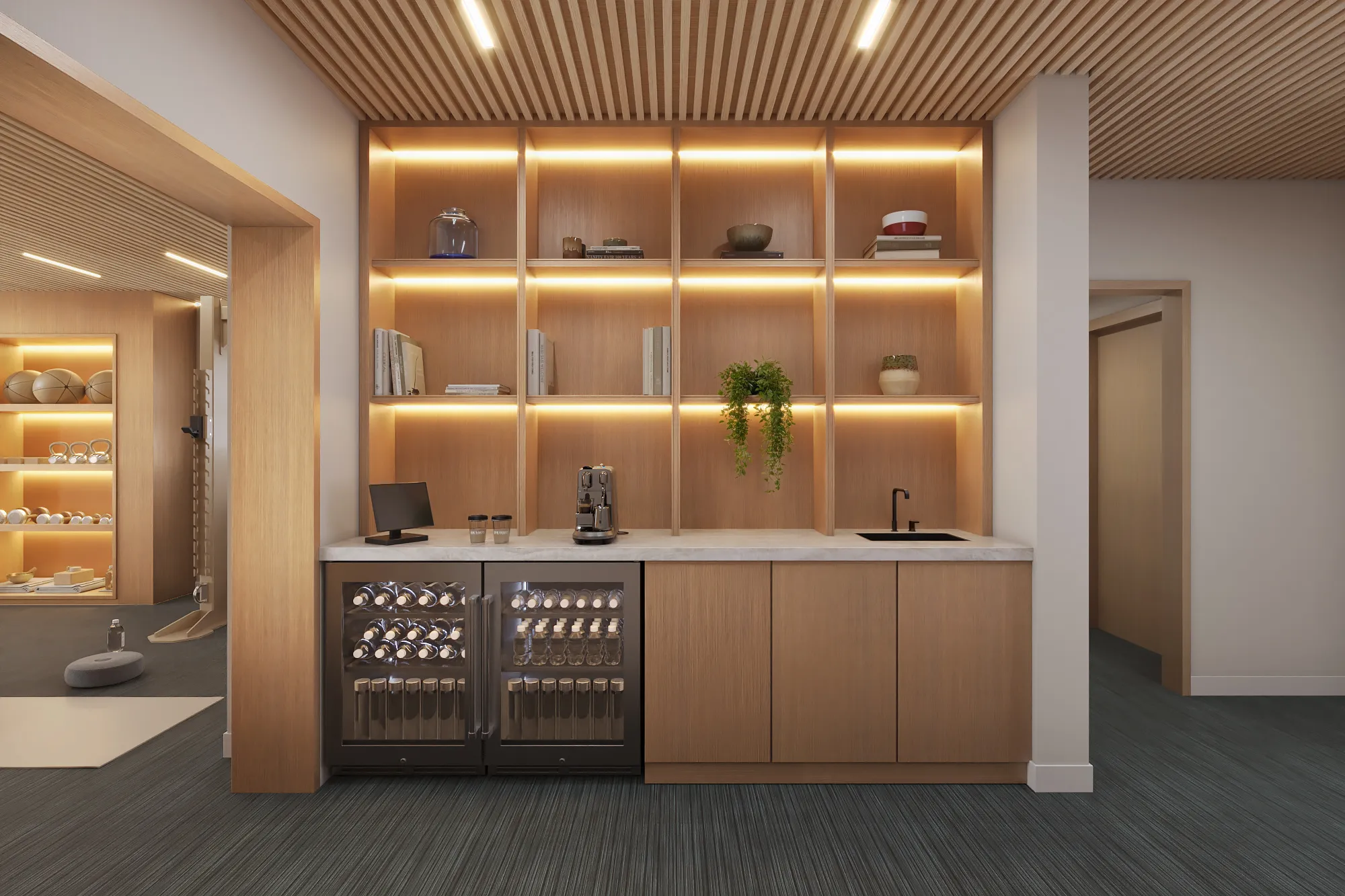 3D rendering of the coffee and refreshment bar at a boutique studio in Aspen, with a marble counter, backlit wood shelving, an espresso machine, and glass-front beverage fridges.
