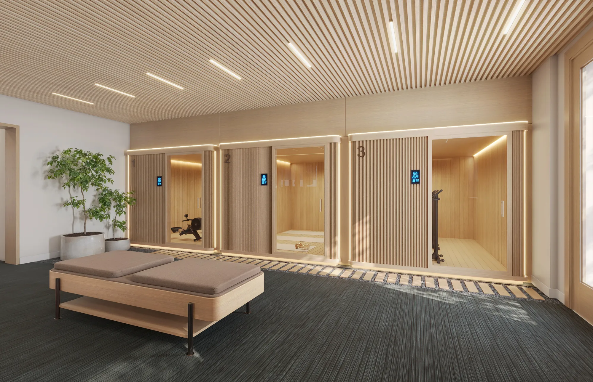 3D rendering of a row of three numbered glass-fronted infrared sauna cabins in warm wood at a boutique studio in Aspen, with a low upholstered relaxation bench in the foreground.