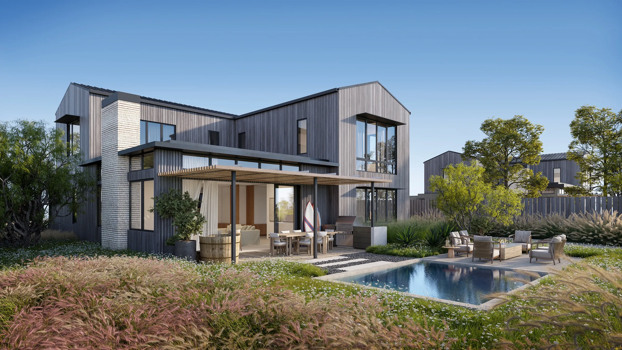 3D exterior rendering of the rear of Cottage B at Austin Surf Club, in dark timber over a stone base, with a pergola-shaded terrace, an outdoor kitchen and dining, a plunge pool, and native prairie grasses.