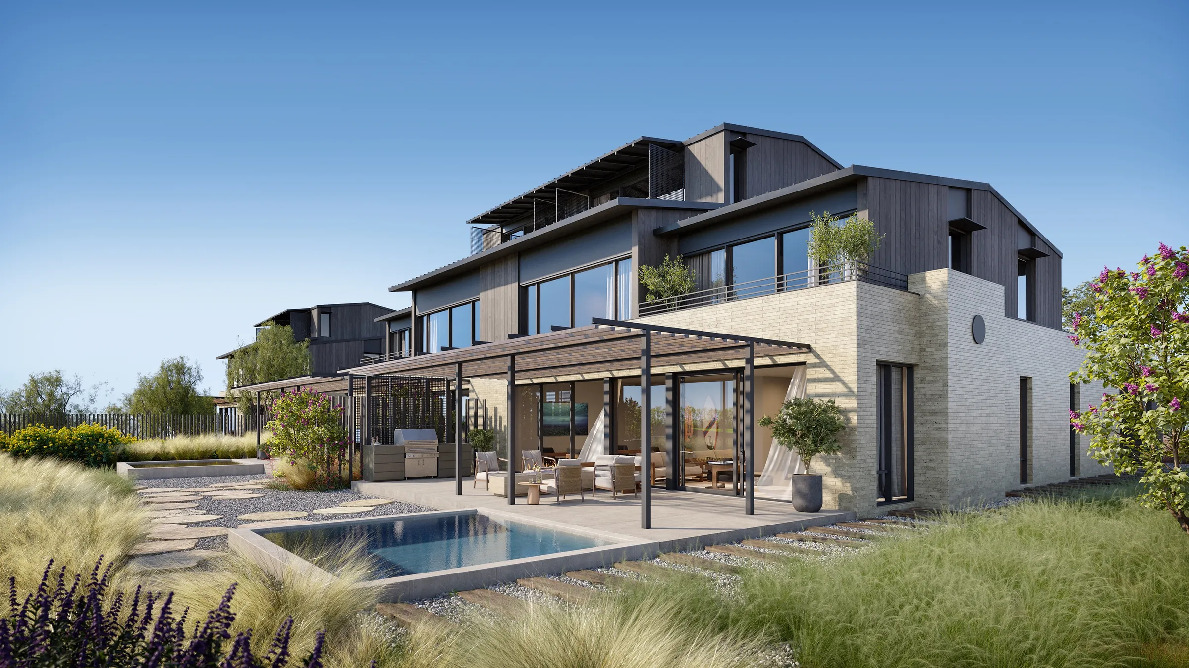 3D exterior rendering of the rear of the North duplex at Austin Surf Club in Texas, with stepped pergola-shaded terraces, a plunge pool, brick and timber walls, and native prairie planting.