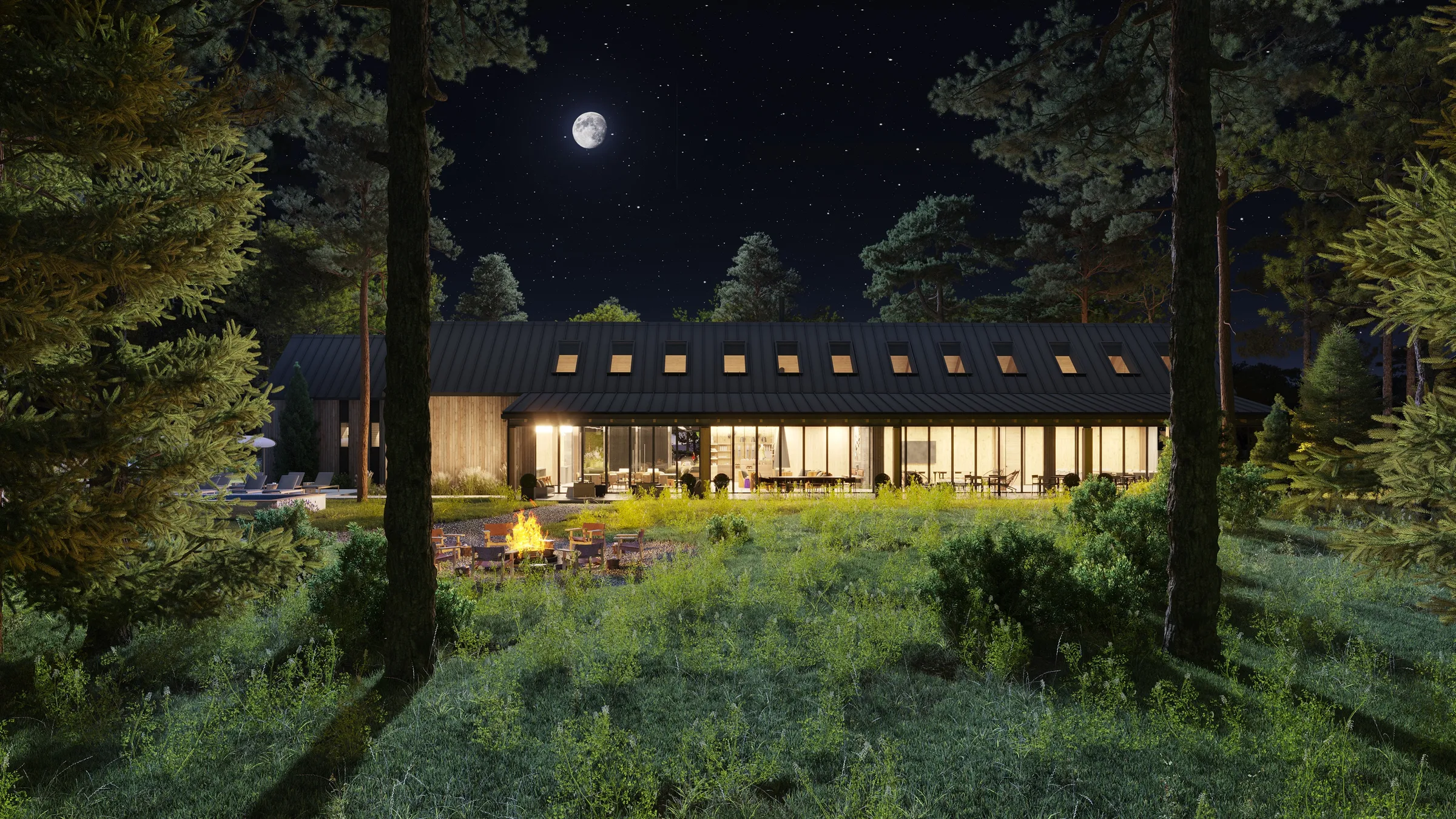 Night 3D rendering of the AutoCamp Catskills clubhouse glowing under a full moon above a firepit gathering, framed by pines in the Hudson Valley.