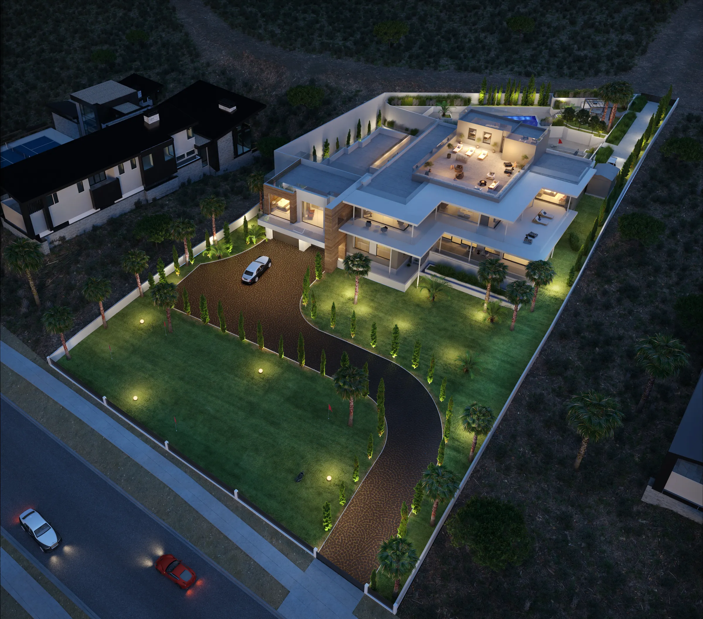 Aerial twilight 3D rendering of the Bellagio Estate, a 12,795-square-foot hilltop spec mansion at 1469 Macdonald Ranch Drive in Henderson, Nevada, with motor court, landscaped grounds, and rooftop terrace overlooking the golf course and Las Vegas Strip.