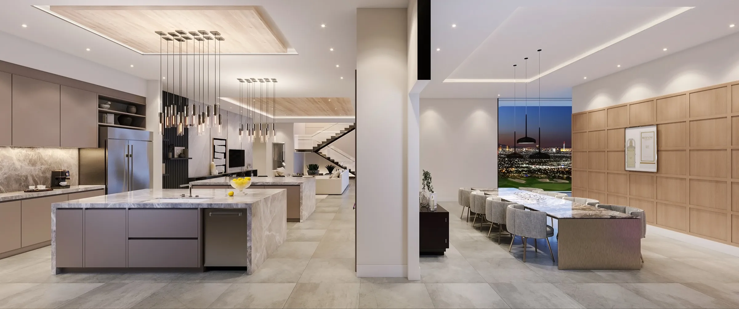 3D rendering of the Bellagio Estate open kitchen and dining space, with twin marble islands, suspended pendant lighting, a wood-slat ceiling, and a floor-to-ceiling window framing the Las Vegas Strip at dusk