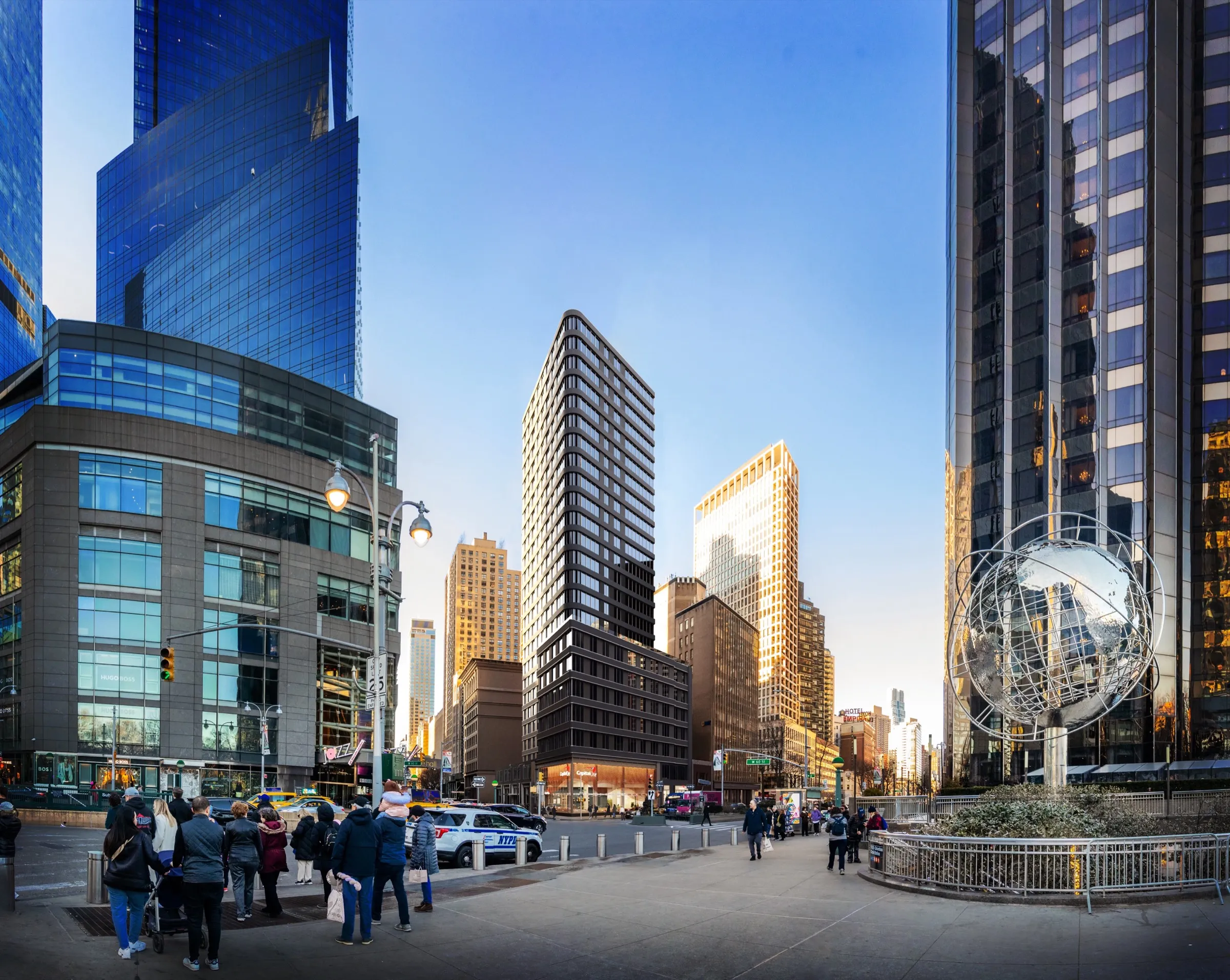 3D exterior context rendering of the Capital One Café near Columbus Circle in Manhattan by day, the building set among surrounding glass towers with the Columbus Circle globe sculpture, pedestrians, and street traffic.