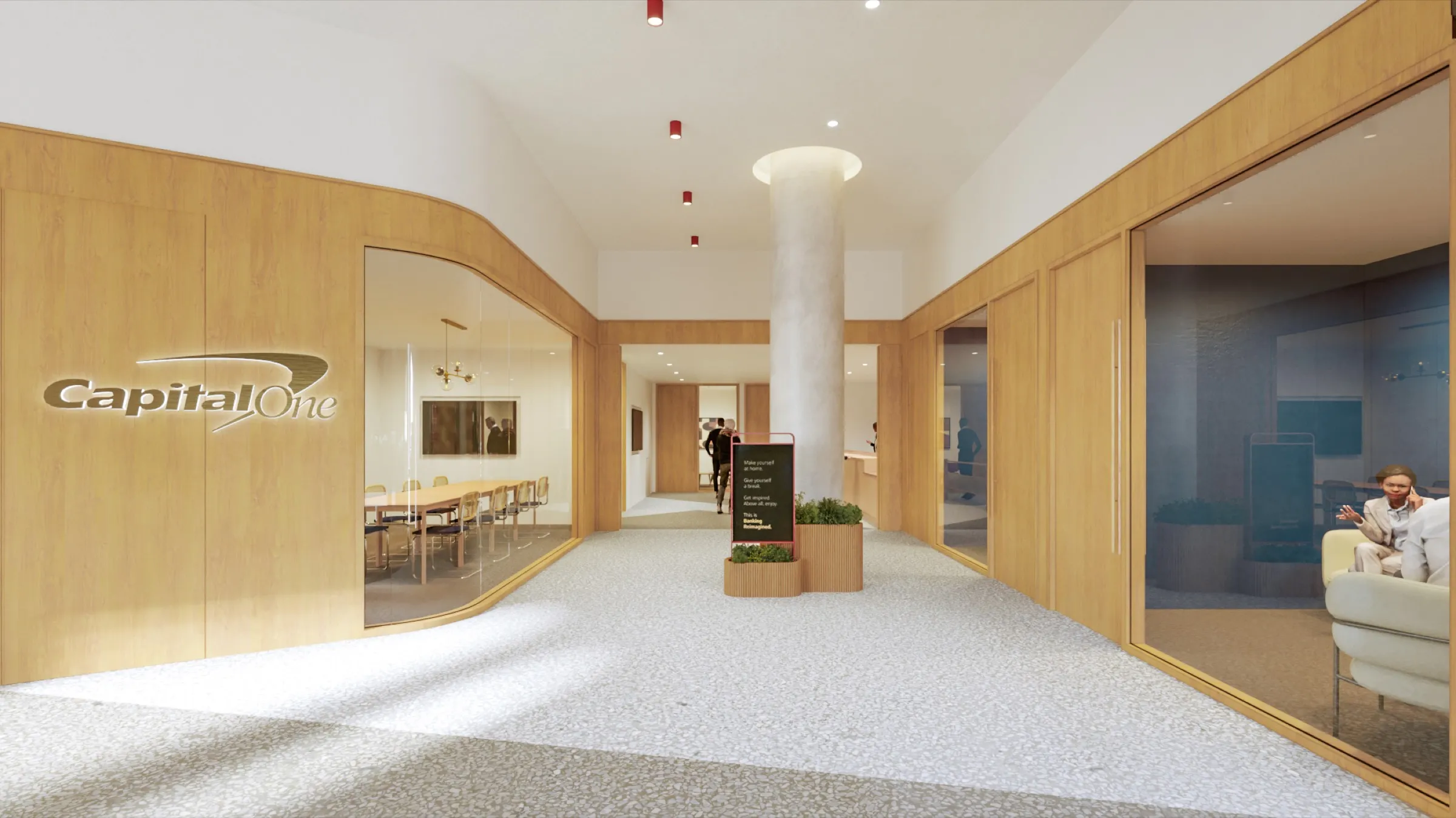 3D interior rendering of the Capital One Café at Columbus Circle in Manhattan, a wood-panelled corridor with the Capital One logo, glass-walled meeting rooms, a planter, and a terrazzo floor.