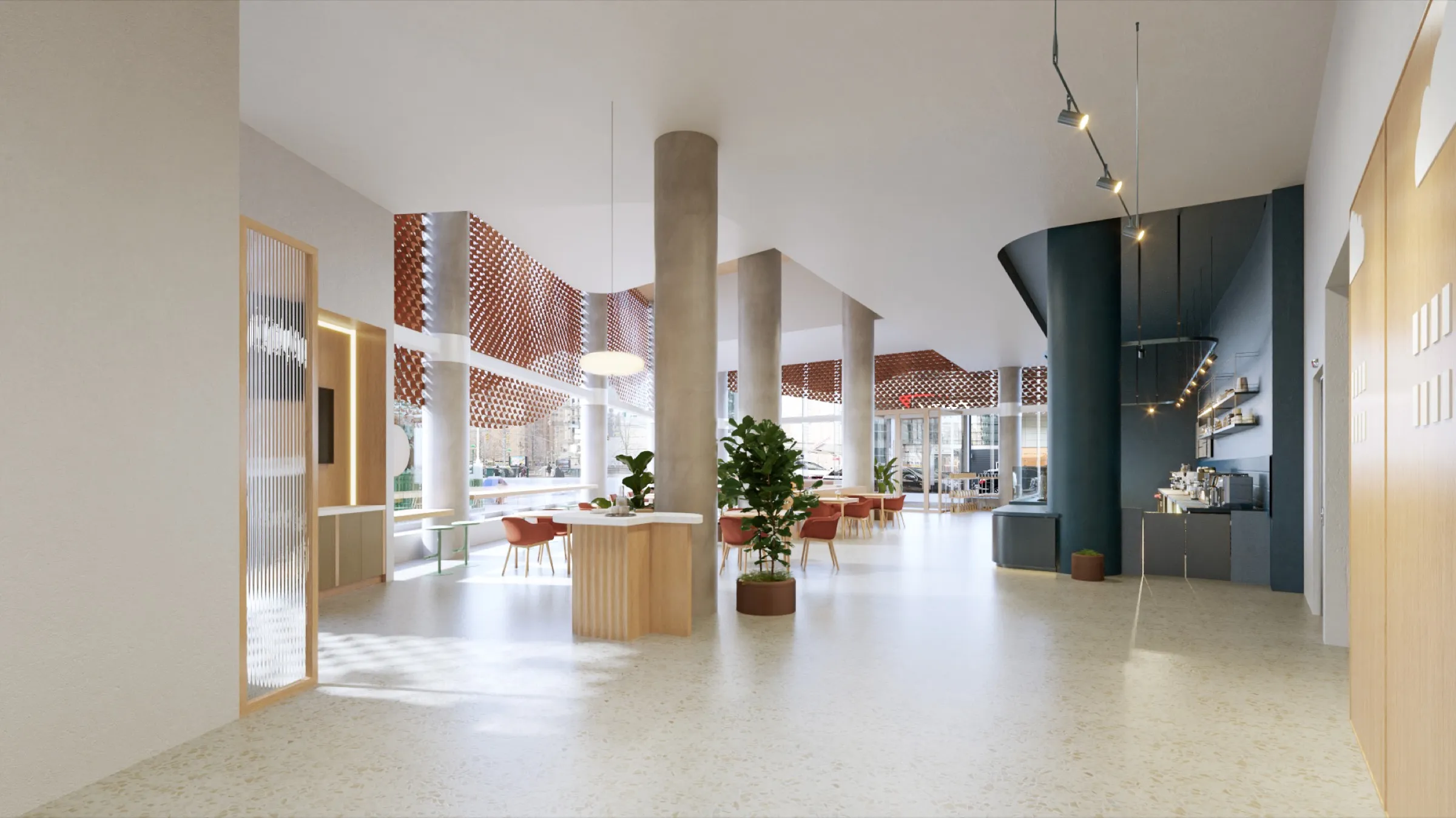 3D interior rendering of an open Capital One Café floor at Columbus Circle in Manhattan, with concrete columns, an orange woven ceiling baffle along the glazing, a central island with a planter, a deep blue feature wall behind the coffee bar, and a terrazzo floor.