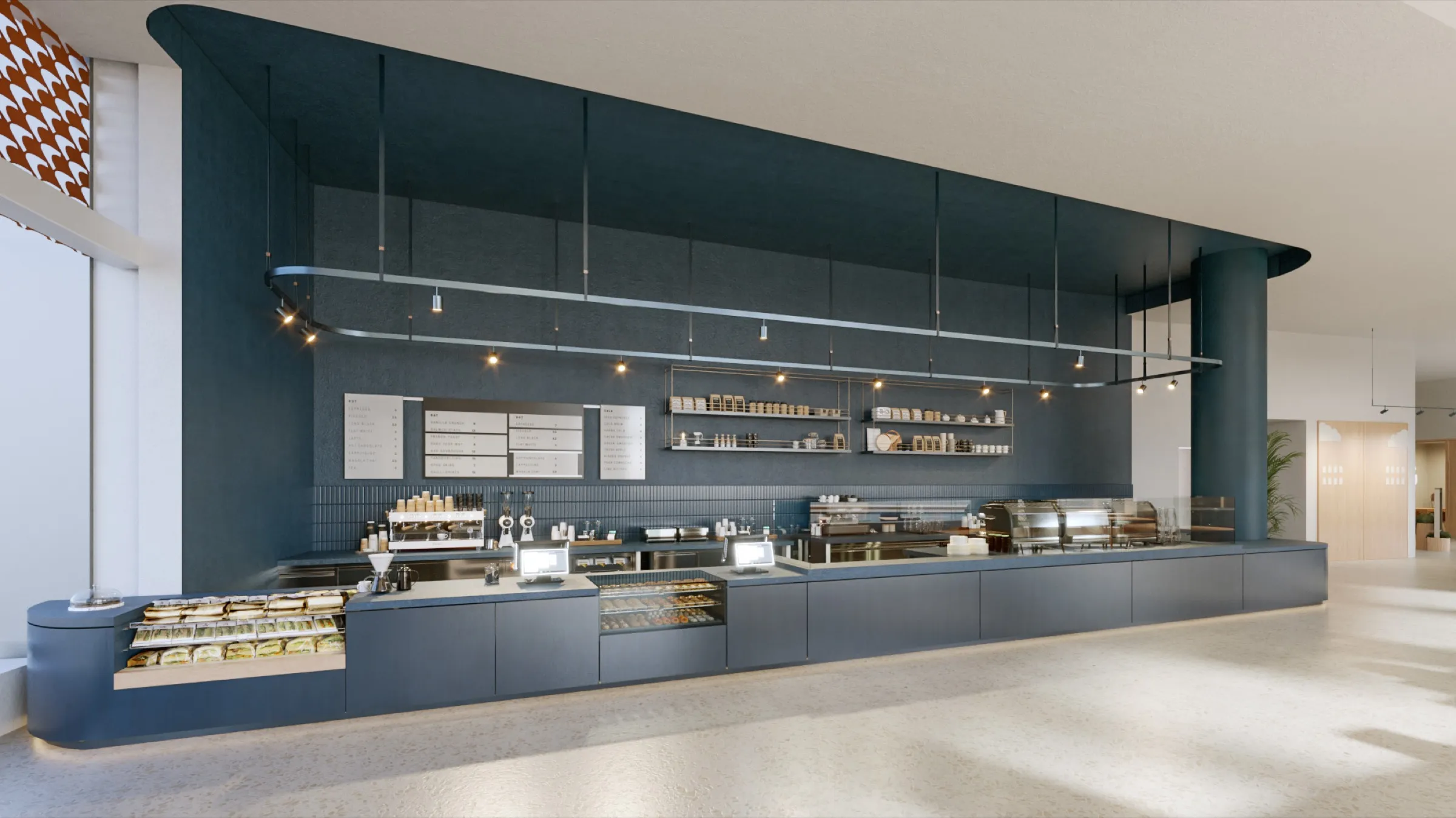 3D interior rendering of the coffee bar at the Capital One Café at Columbus Circle in Manhattan, a long counter beneath a deep blue feature wall with pendant track lighting, a food display, and menu boards.