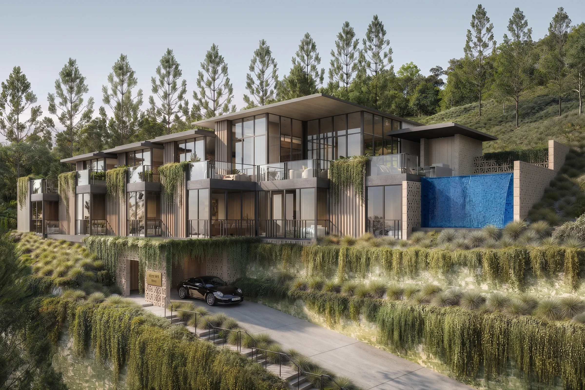 Luxury modern hillside home 3D rendering with glass facade, terraces, and landscaped architecture - Carrizo Lots, La Jolla, California
