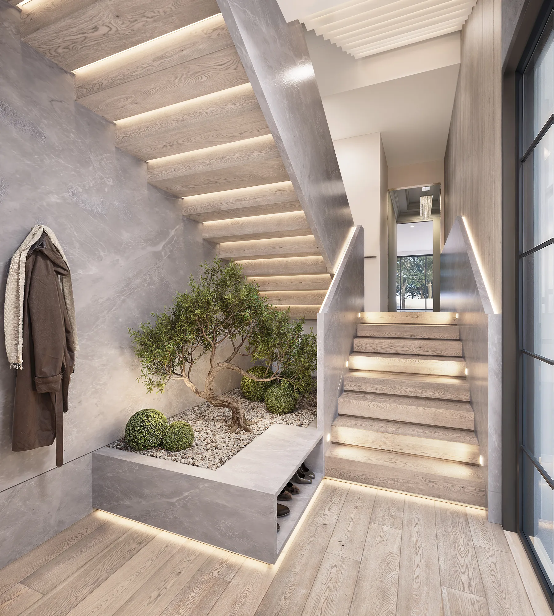 3D rendering of proposed stair hall showing illuminated steps, integrated planter, and circulation layout