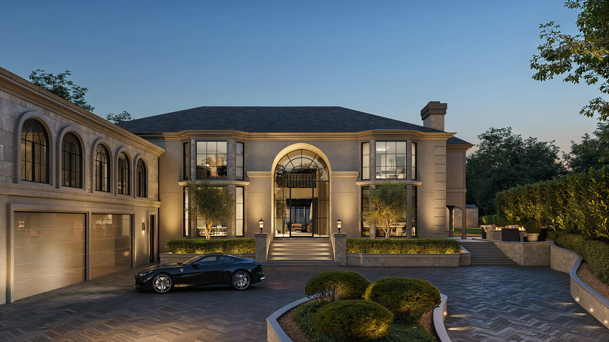 3D rendering of a luxury residential house on Chatsboro Drive, Los Angeles, showing a symmetrical façade, arched entry, and landscaped driveway