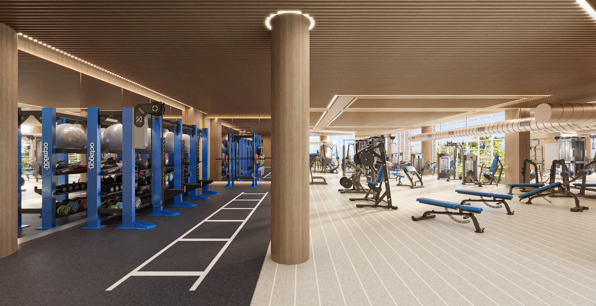 3D rendering of the functional-training zone at the Continuum Sporting Club on South Beach, with blue equipment-storage racks, a turf lane, and rows of weight benches under a wood-slat ceiling.