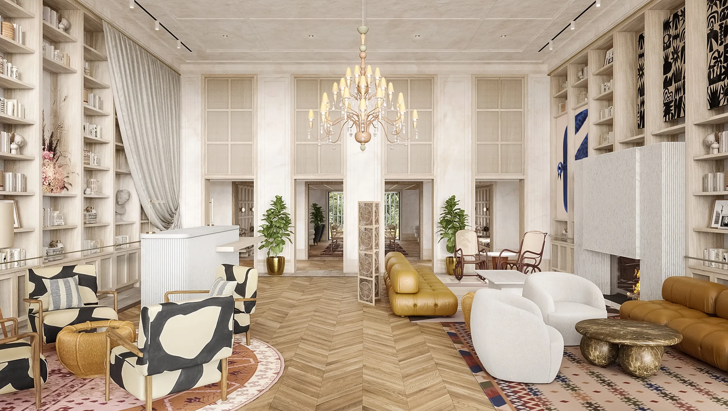 Interior 3D rendering of the double-height lobby at Faraway Martha's Vineyard, herringbone oak floors, full-height shelving, a caramel leather sofa, patterned armchairs, and a chandelier over the reception.
