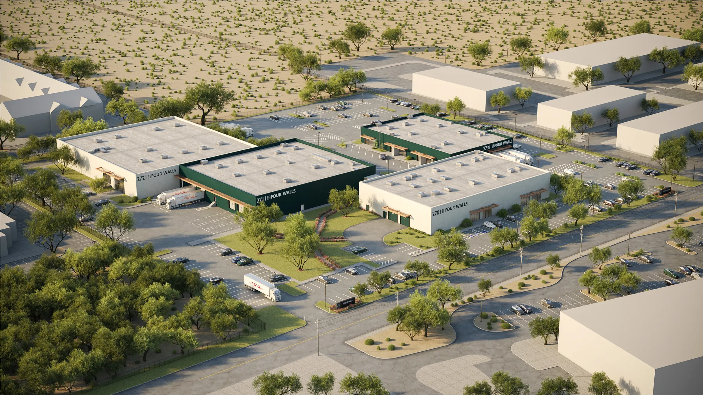 Daytime aerial 3D rendering of Four Walls in the alternate dark-green color scheme, the four single-story flex buildings set around shared parking courts in the Tucson desert.