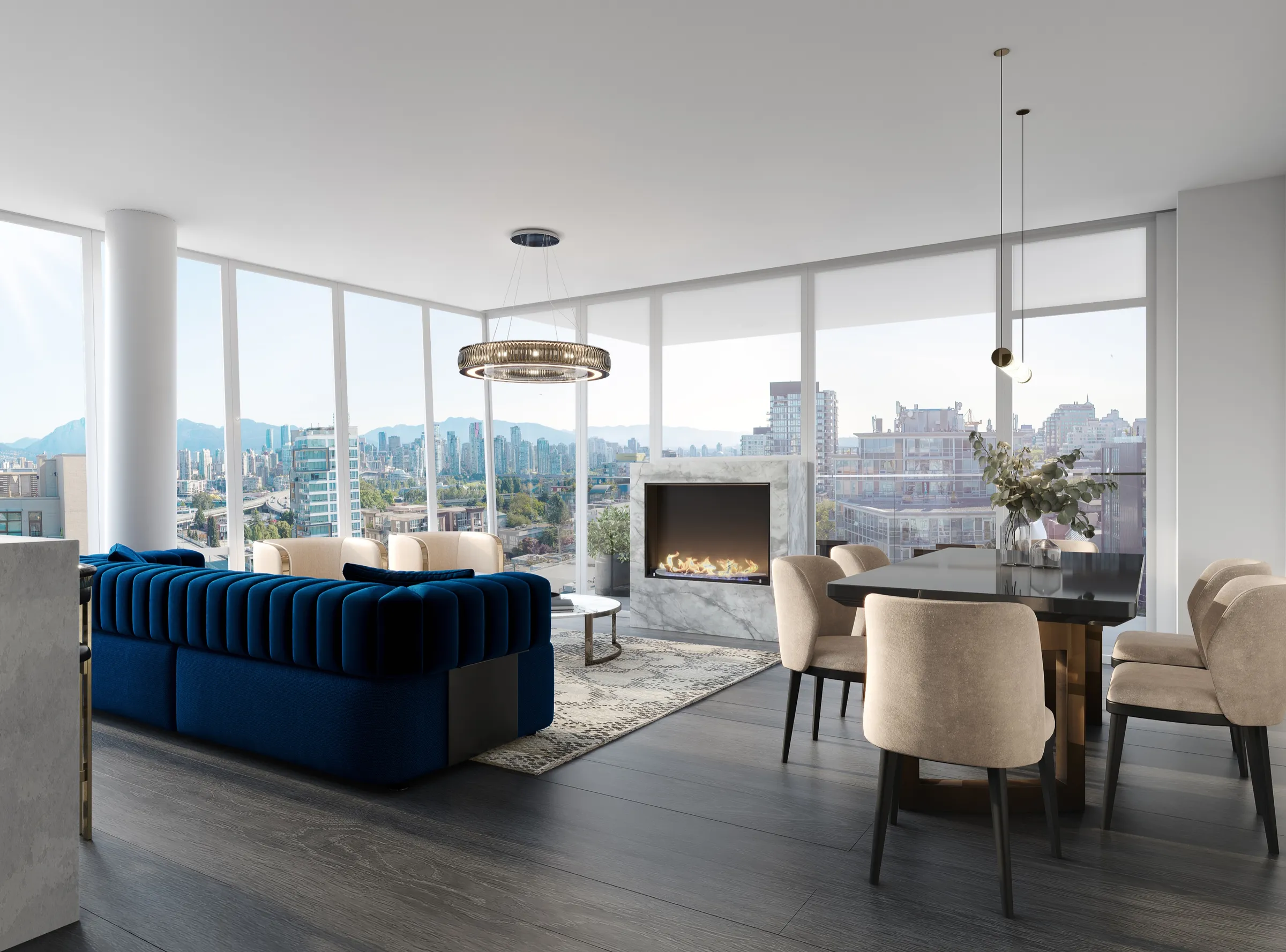 3D interior rendering of the living and dining area at Italia by Solterra in Vancouver, with a blue sofa, corner fireplace, and city views