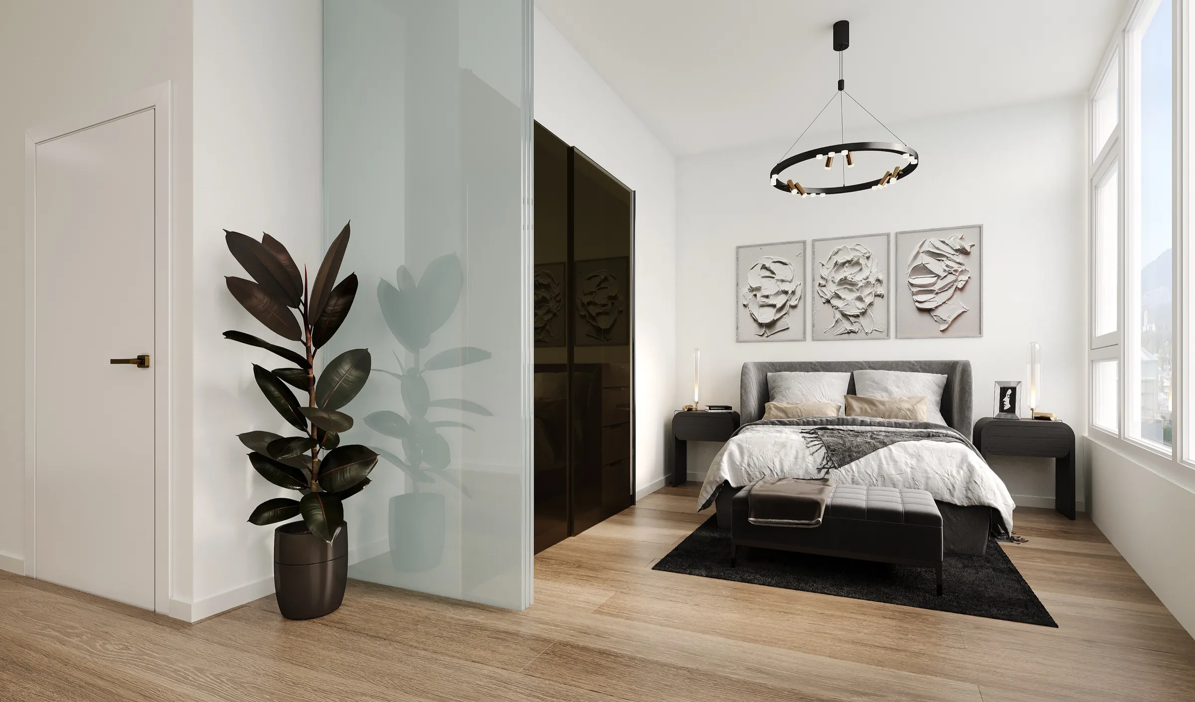3D interior rendering of a bedroom at Italia by Solterra in Vancouver, with framed artwork and mountain views