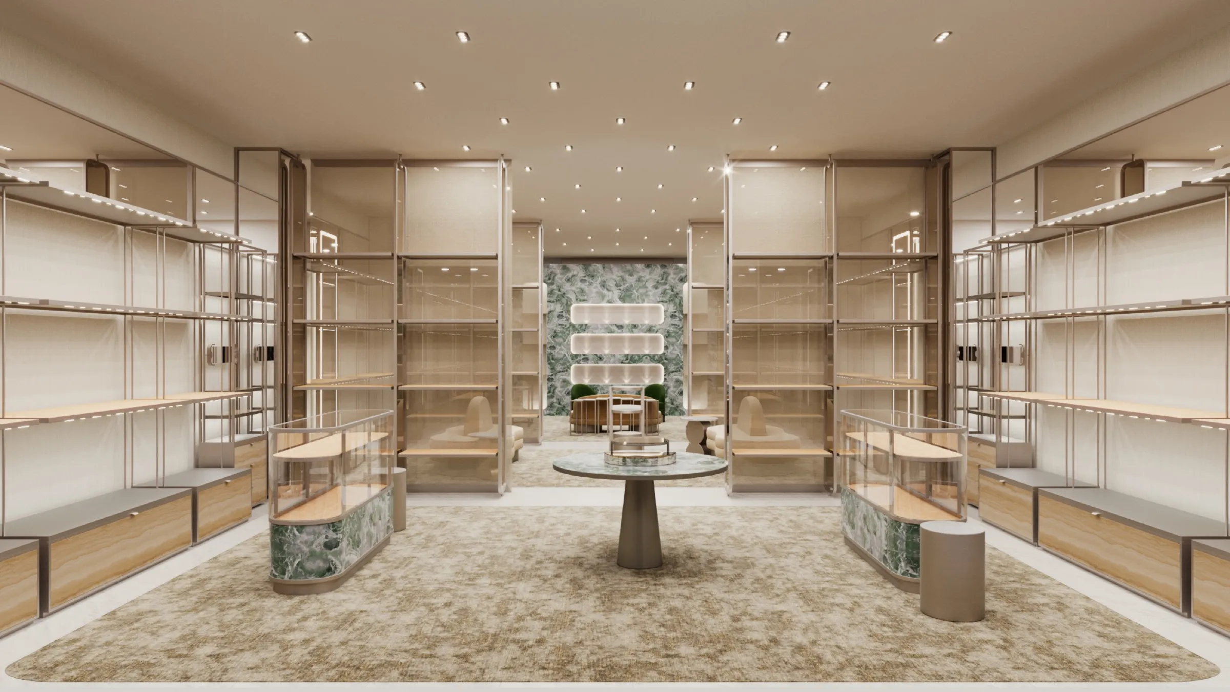 Interior 3D rendering of a Jimmy Choo boutique in Shanghai, tall cream shelving and green-marble display cases around a round marble table on a soft neutral rug.