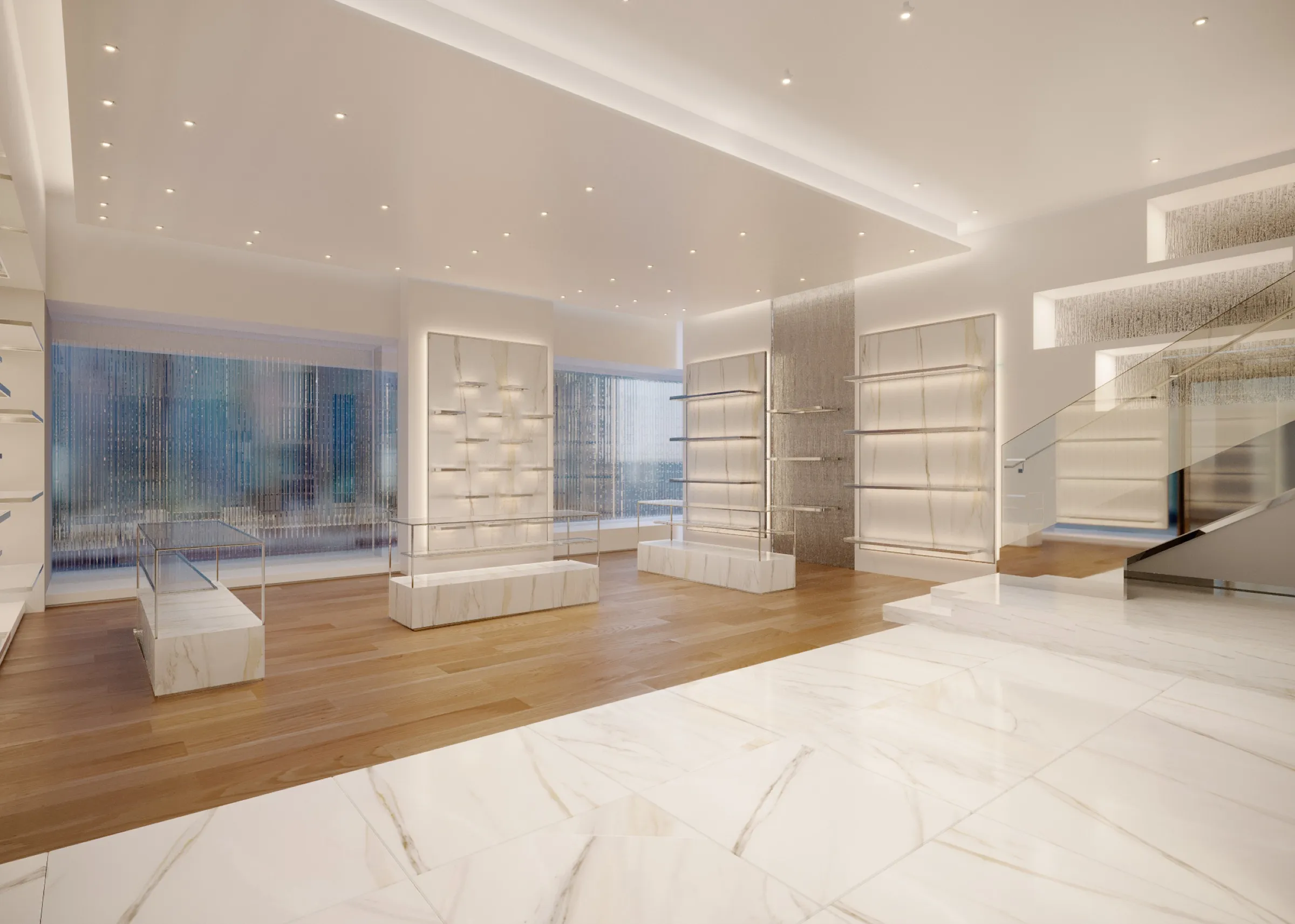 Interior 3D rendering of a Michael Kors store at Shanghai Kerry Centre, white marble and oak with backlit onyx display walls, cascading bead screens, and a sculptural stair with a glass balustrade.