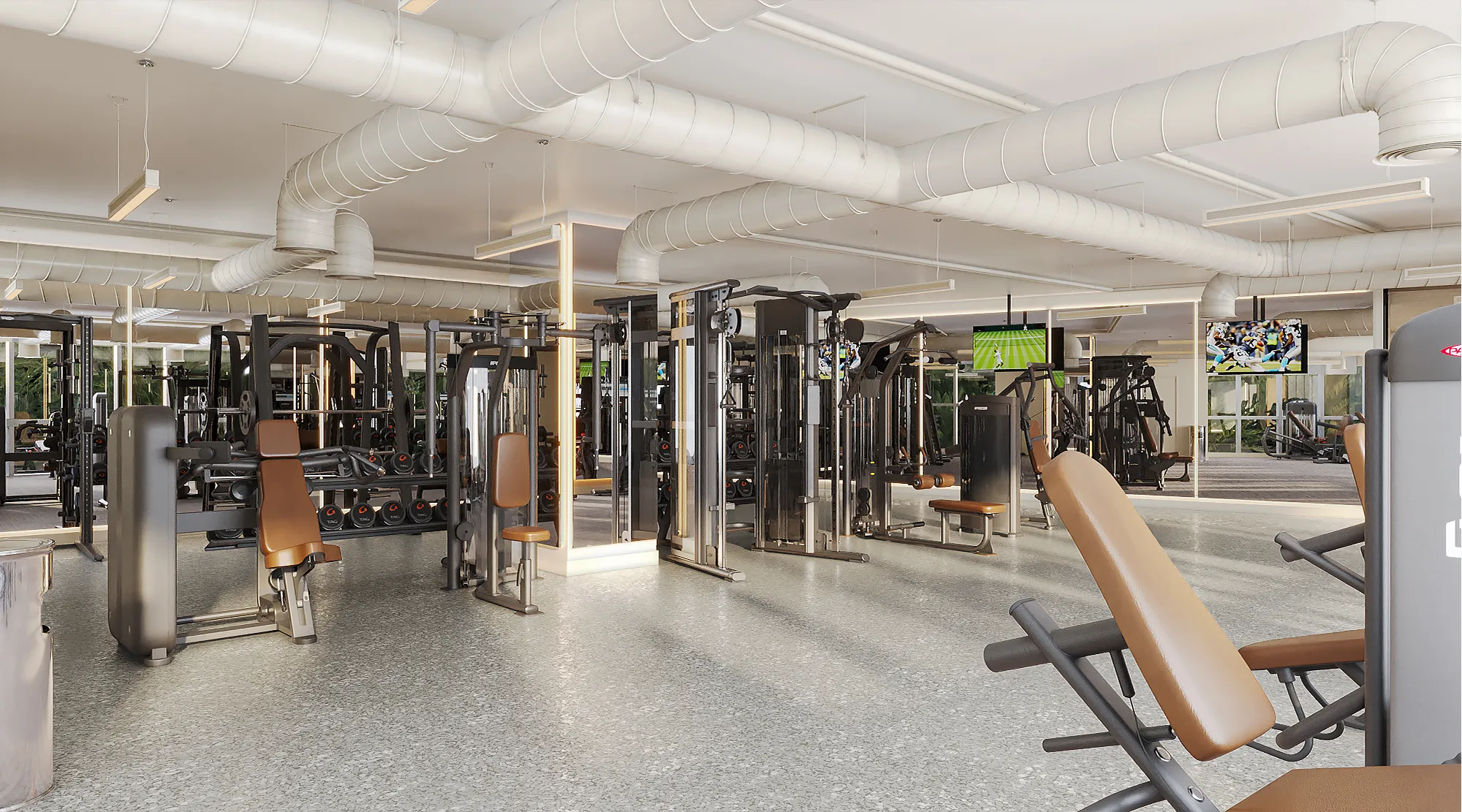 3D rendering of the strength-training area at the Murano Grande on South Beach, with rows of selectorized machines and benches in tan upholstery beneath exposed ductwork and a light terrazzo floor.