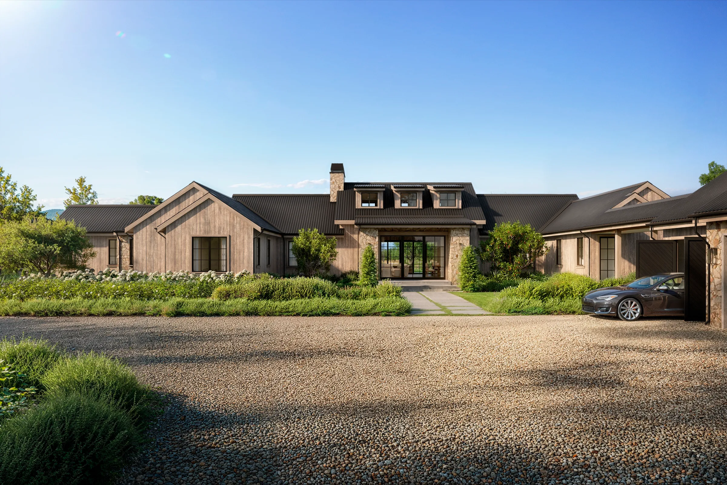 Front facade 3D rendering of a Napa Valley estate in St. Helena, a board-and-batten and stone home with a black metal roof set among the vineyards, created to market the estate during design.