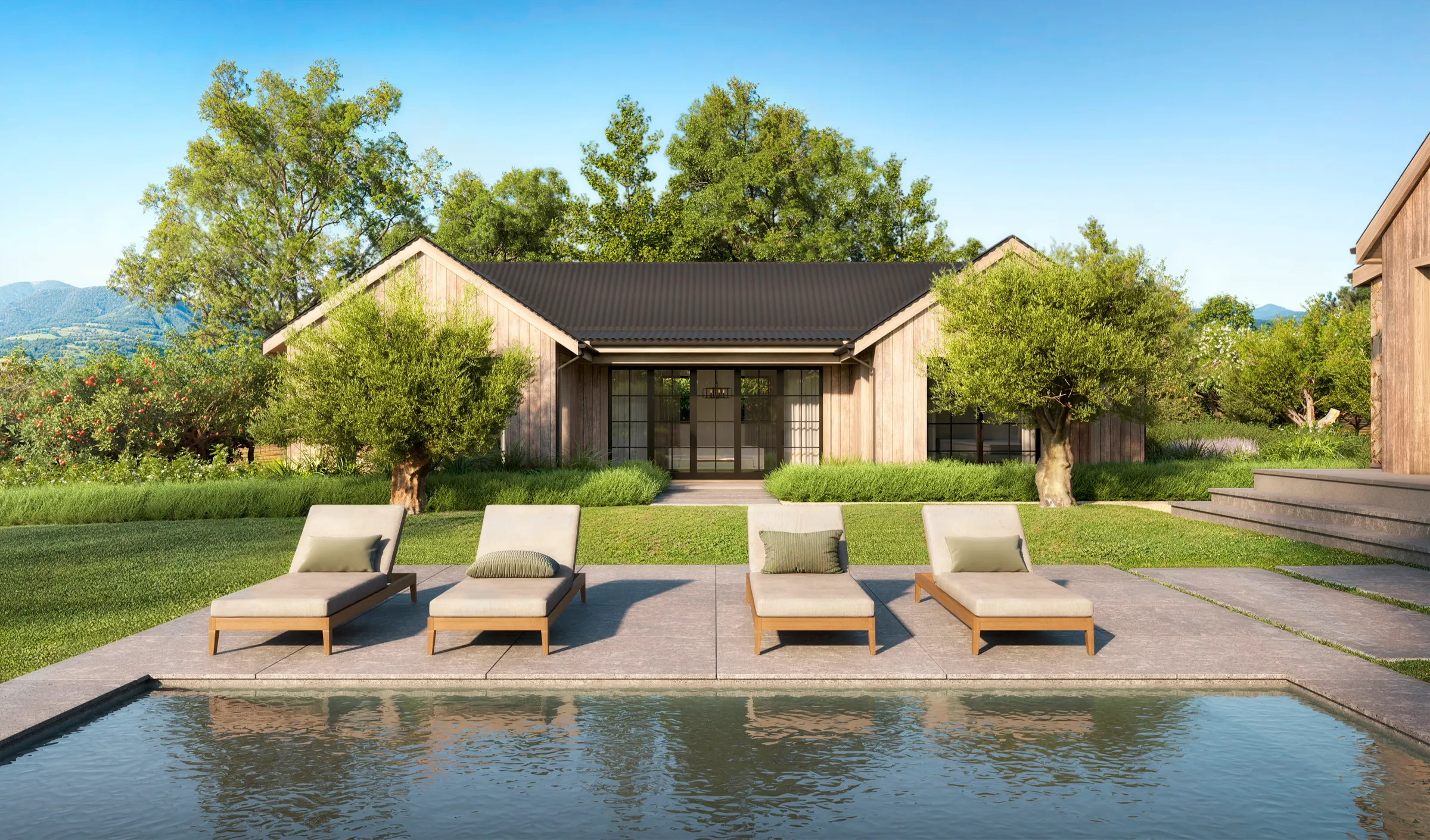 3D rendering of the guest house at a Napa Valley estate in St. Helena, a gabled board-and-batten building with a metal roof and glazed doors, framed by olive trees above the pool deck.