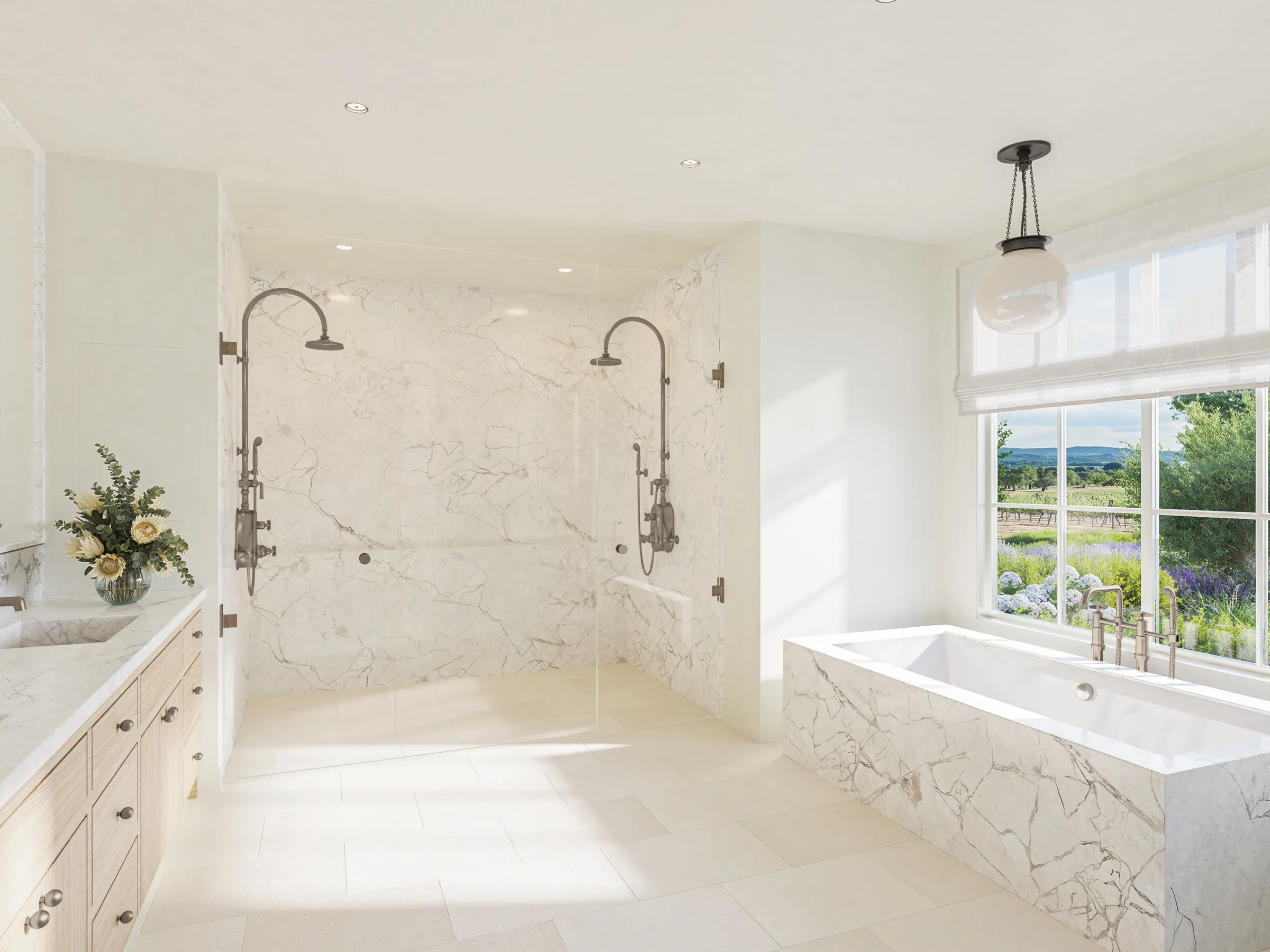 Interior 3D rendering of the primary bathroom at a Napa Valley estate in St. Helena, a book-matched marble shower and tub surround, an oak vanity, and a window framing the vineyards and hydrangeas.