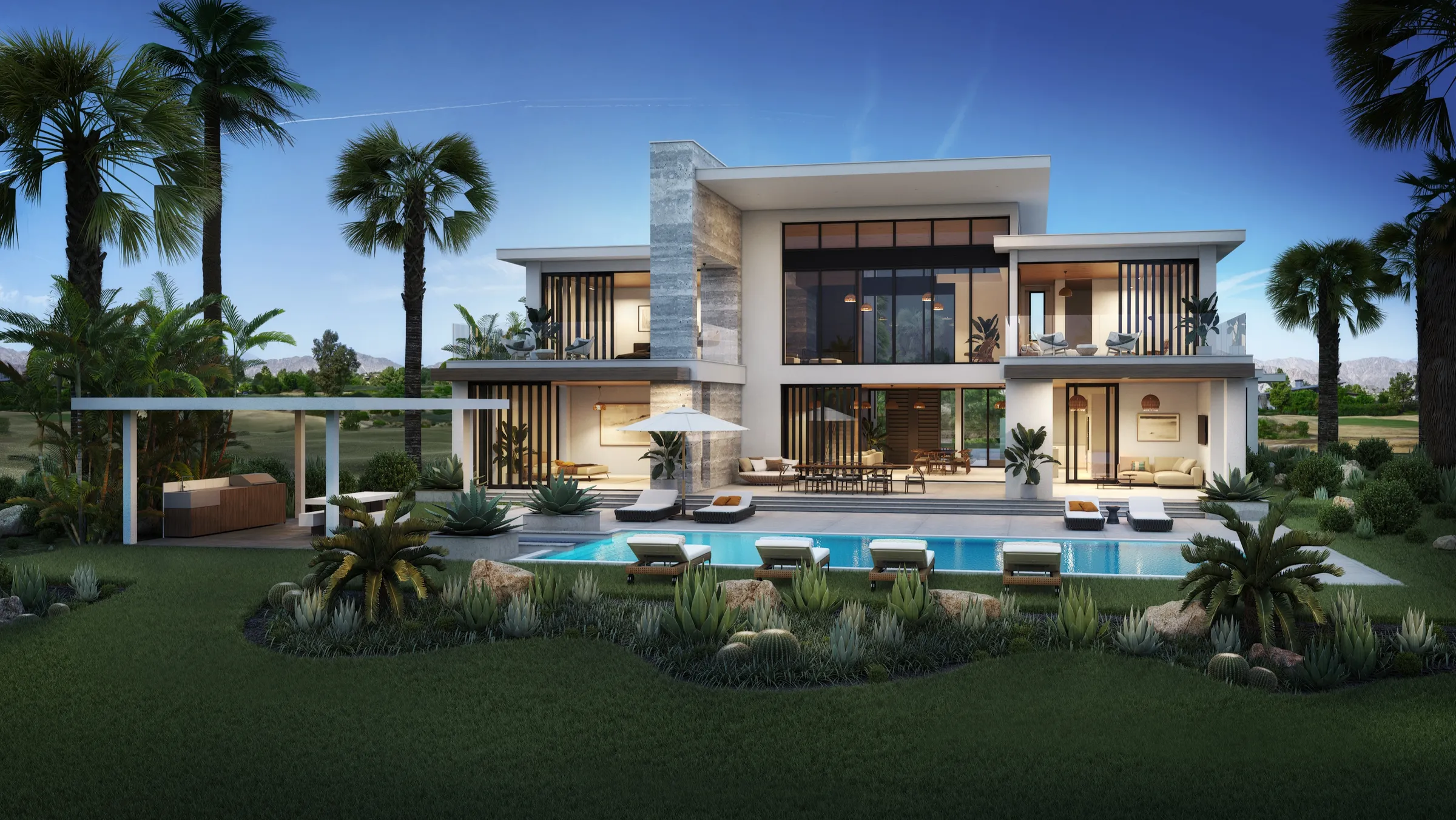 3D rendering of the rear of Pike Place Home A, a two-story glass volume opening to a pool, with desert planting, golf, and mountains beyond.