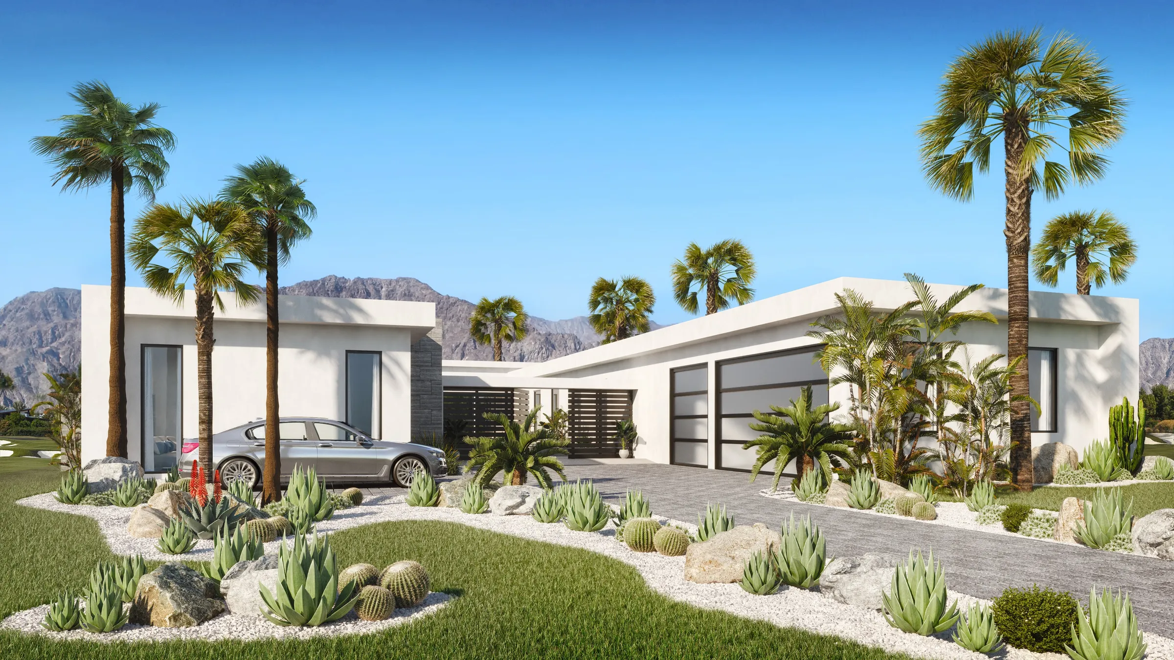 3D rendering of the front of Pike Place Home B, a single-story sprawling desert home with a sedan in the drive, cactus-and-agave landscaping, and mountains behind.