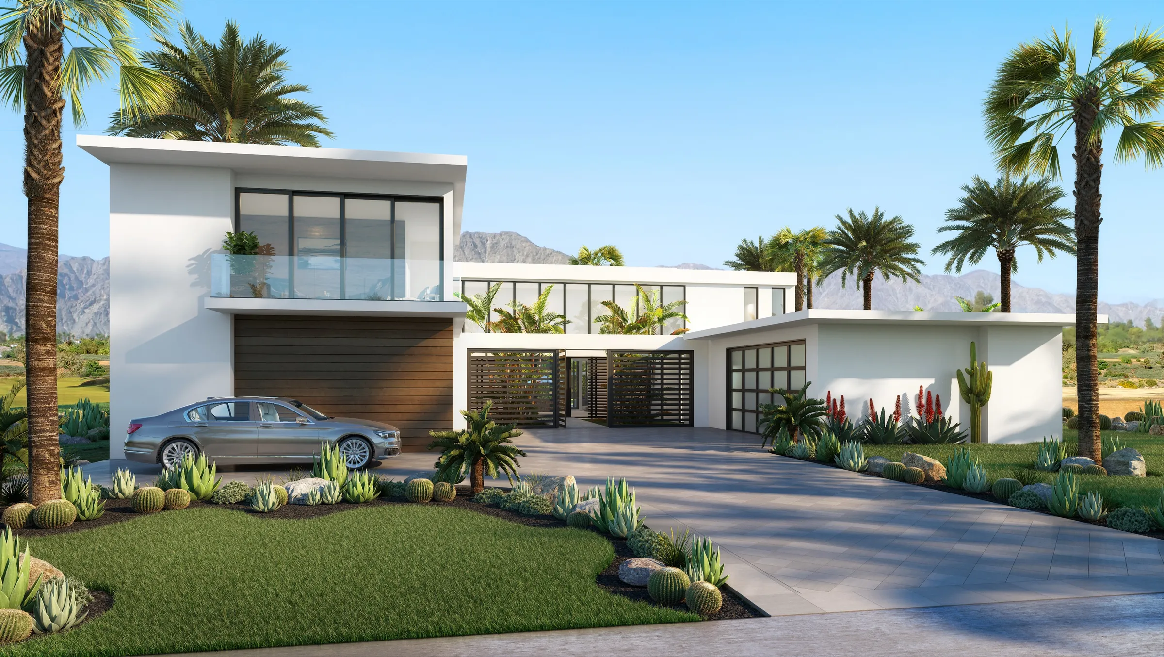 3D rendering of the front of Pike Place Home C, a two-story modern home with a motor court, a sedan in the drive, palms, and desert mountains behind.