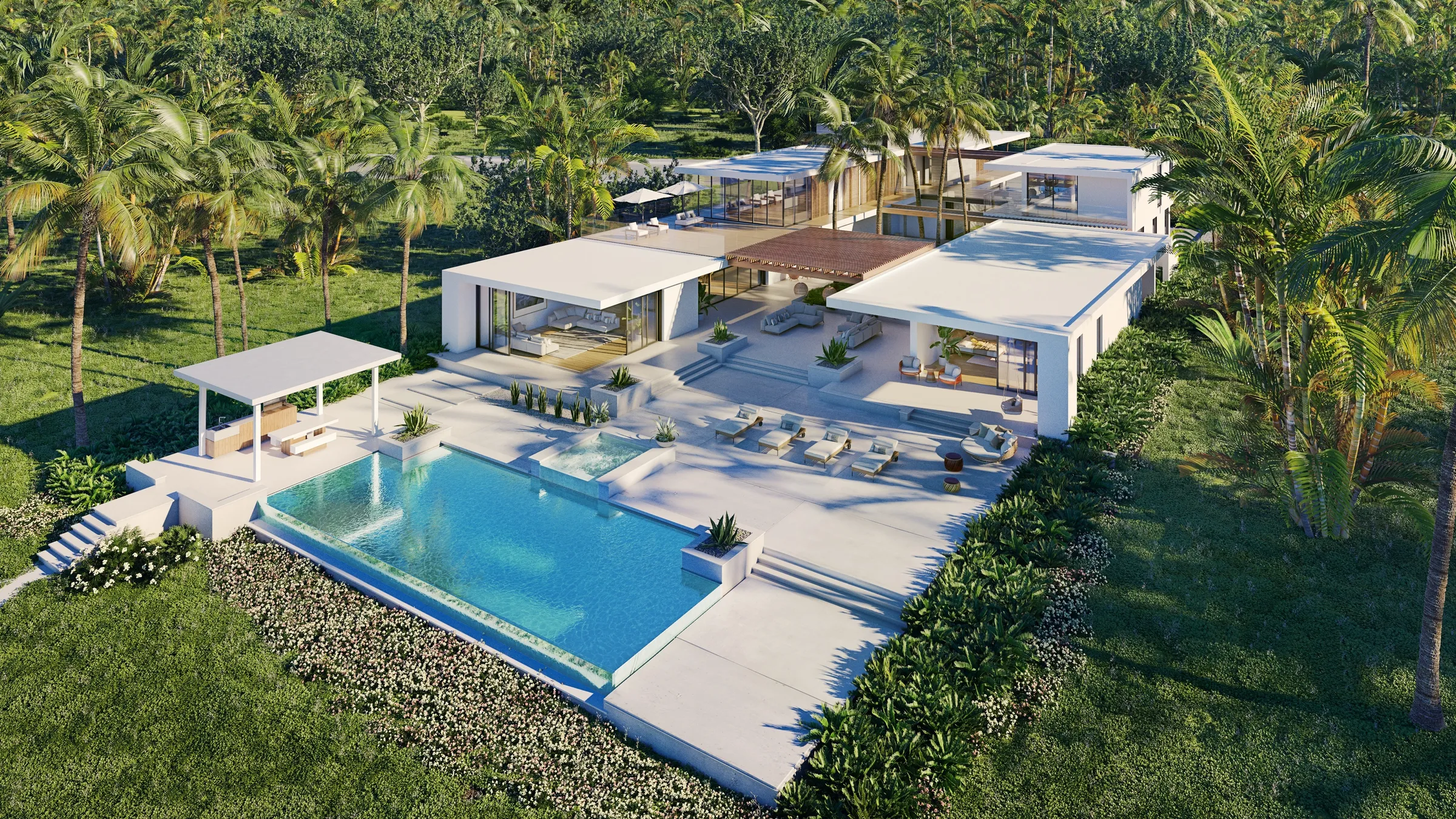 luxury condo rendering with a pool in a green setting
