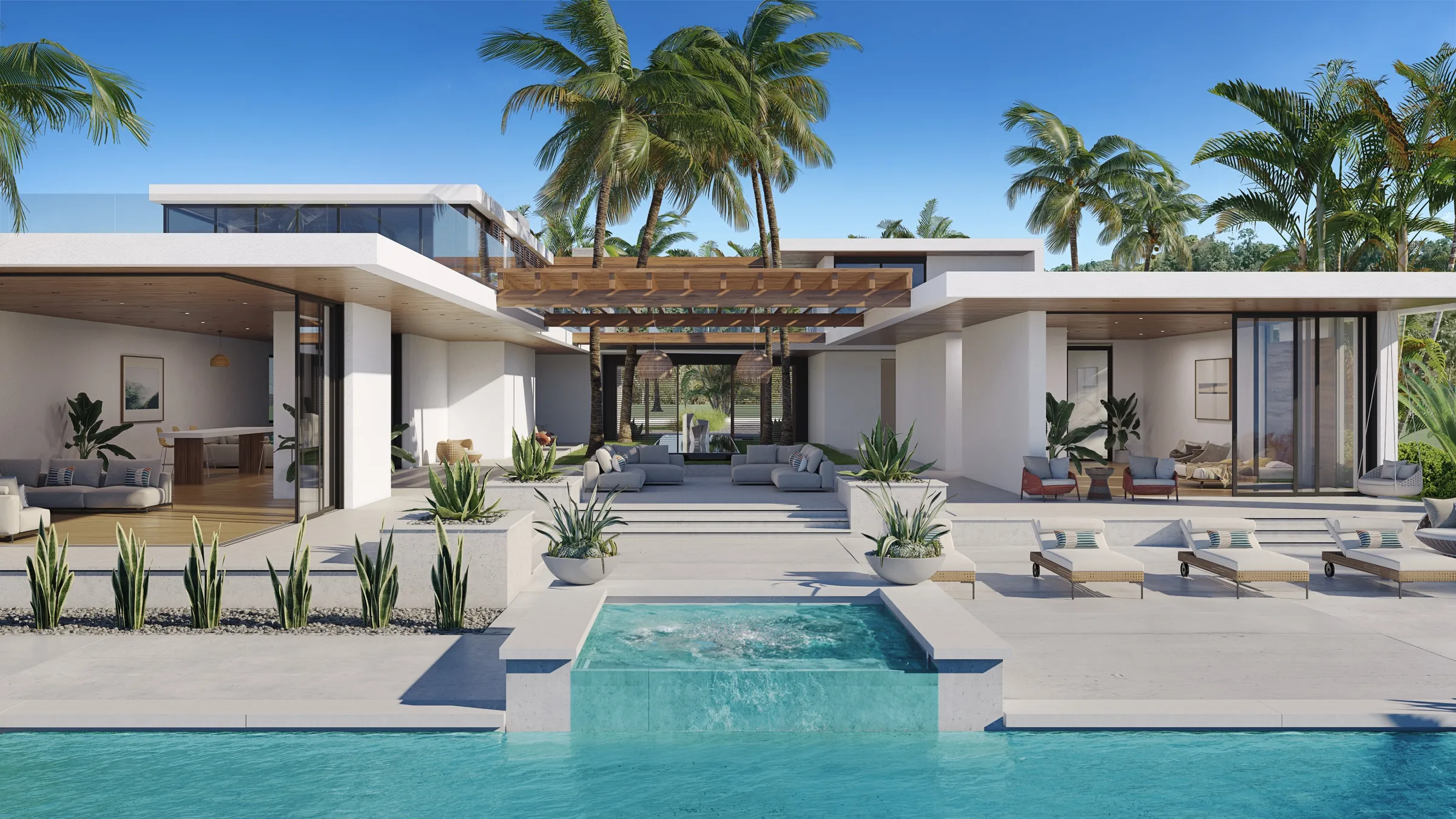 3D rendering of the rear courtyard of the second Playa Grande villa, with a pool and raised spa, an open central pergola pavilion, loungers, and glass-walled wings.