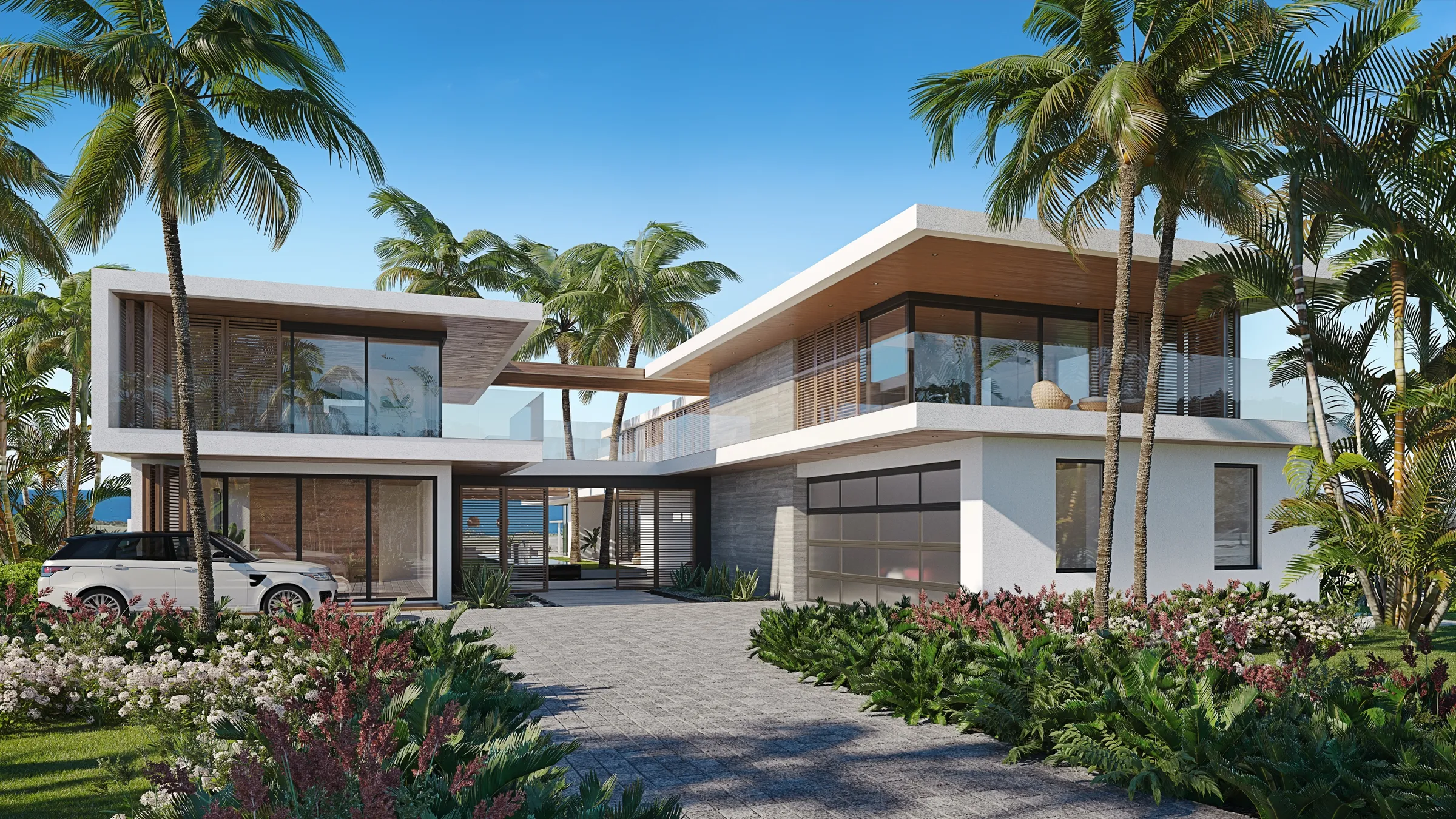 3D rendering of the entrance of a second Playa Grande coastal villa, a two-story home with a porte-cochere, an SUV in the drive, and dense tropical planting.