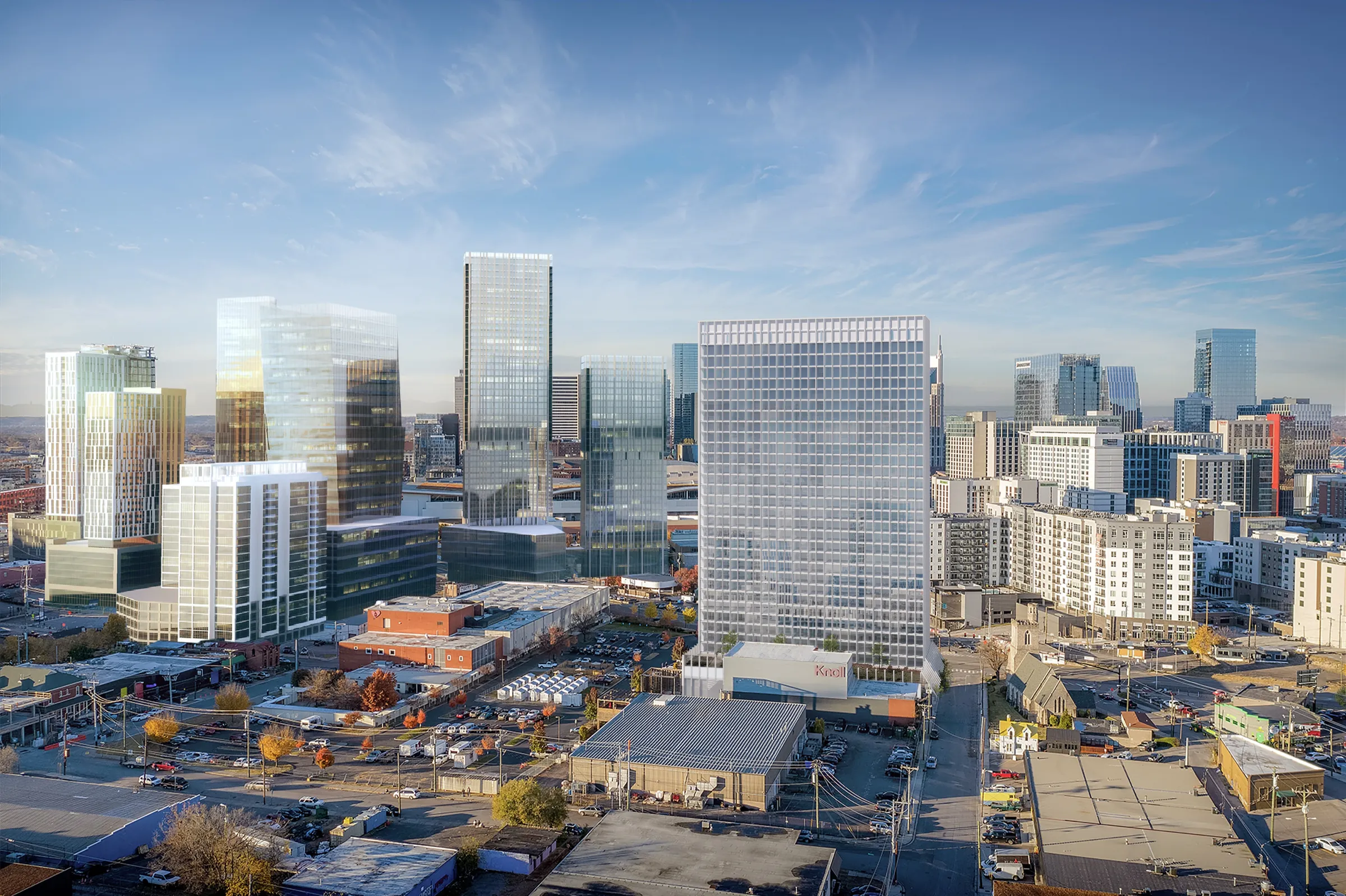 3D rendering of the 32-story Ray Nashville tower rising over the Pie Town district, set against the downtown Nashville skyline near Lower Broadway.
